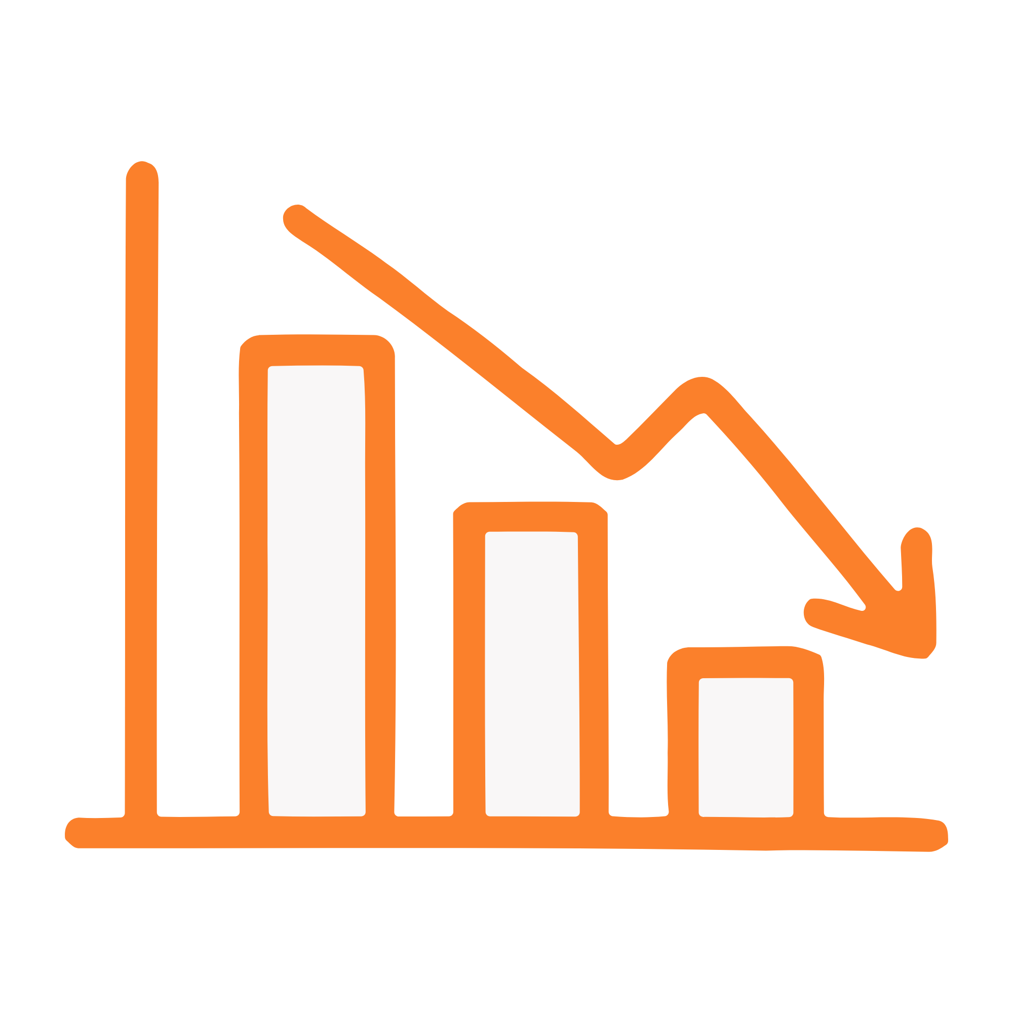 Gráfico de barras y línea en colores naranja y blanco que muestra disminución de datos.