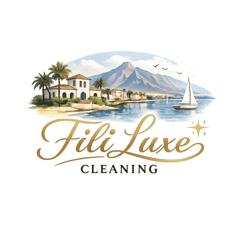 Logo for Fili Luxe Cleaning featuring a scenic watercolor painting of a coastal landscape with a mountain, palm trees, a house, a sailboat, and birds.