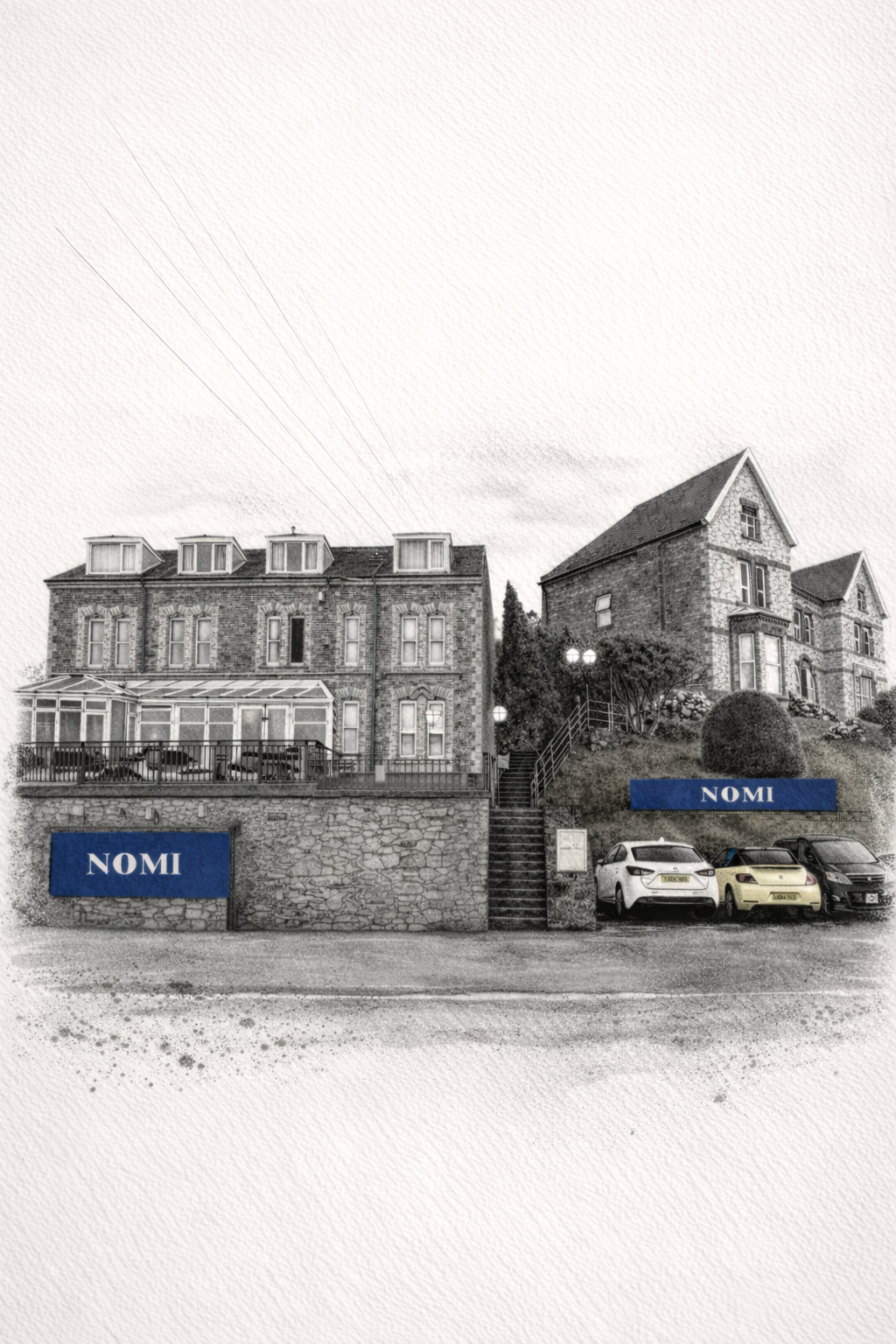 A black and white photo of a large brick building of Nomi in Bangor, near the Bangor Pier and beautiful old building