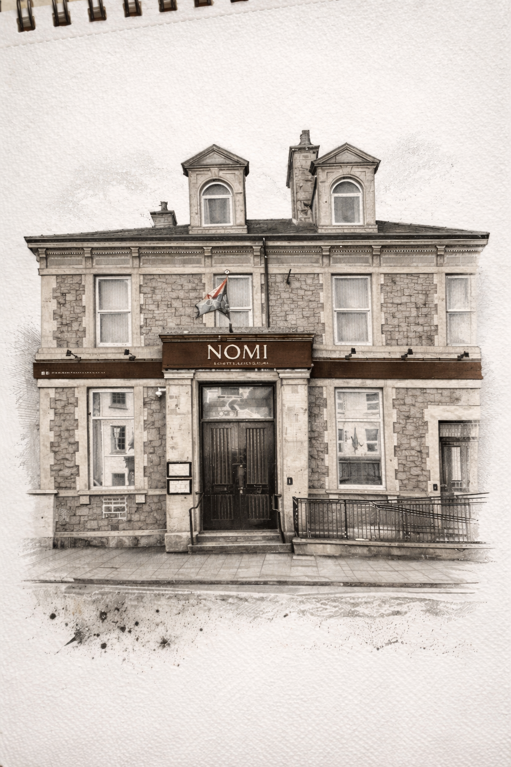 A black and white photo of a historic two-story brick building with a sign that reads 'NOMI.' The building has four windows on the front, a central main entrance with steps, and a flag hanging above the door. The photo has a textured, watercolor effect.