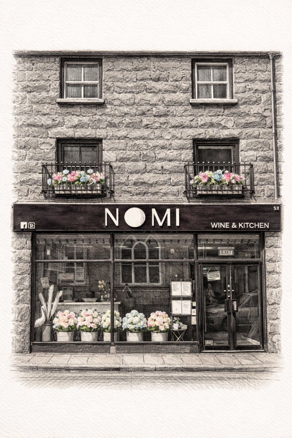 Storefront for NOMI Pwllheli with flowers in the window and balconies with flower boxes above.
