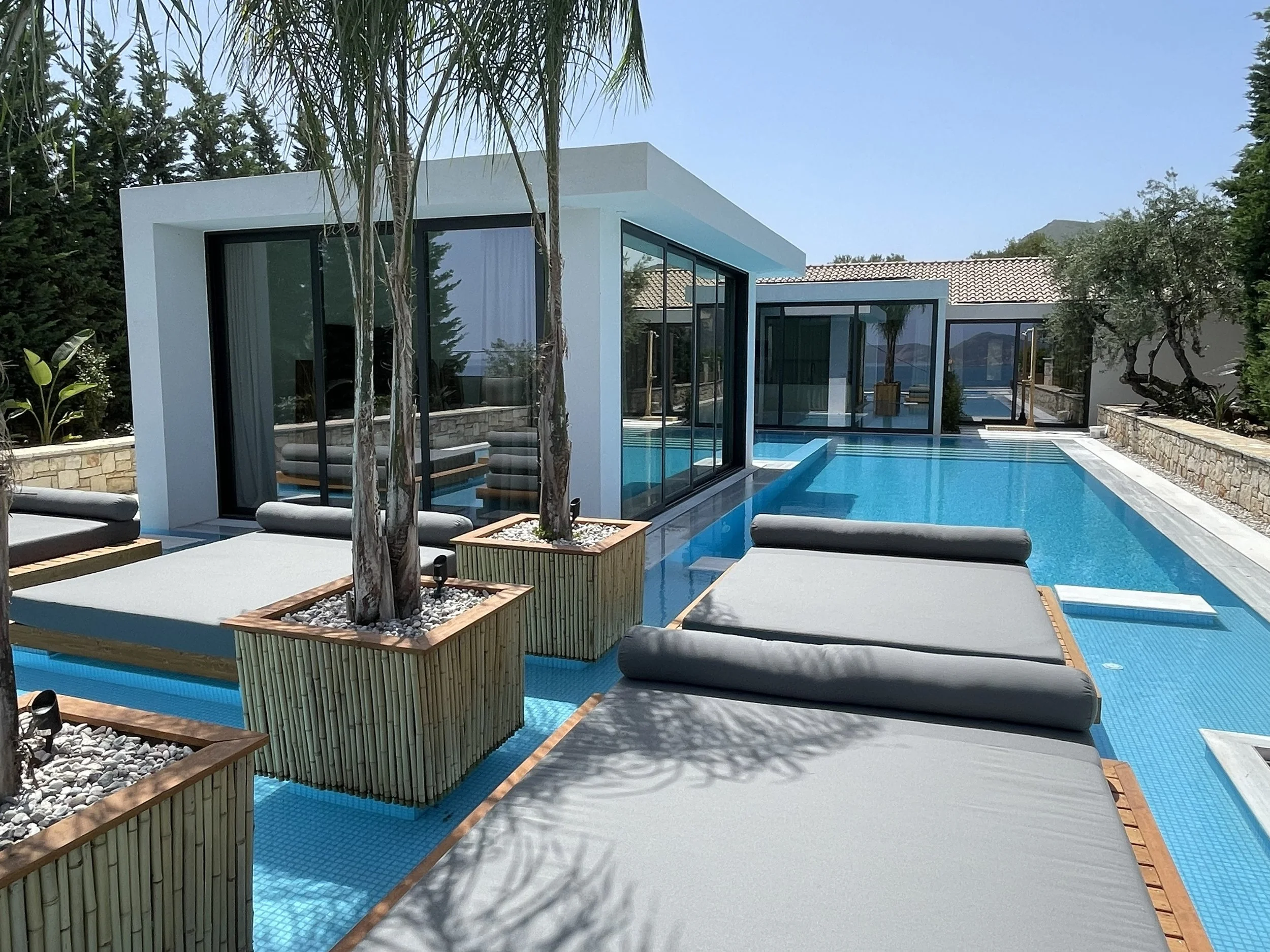 Luxury modern house with pool, sun loungers, and potted trees outdoors.