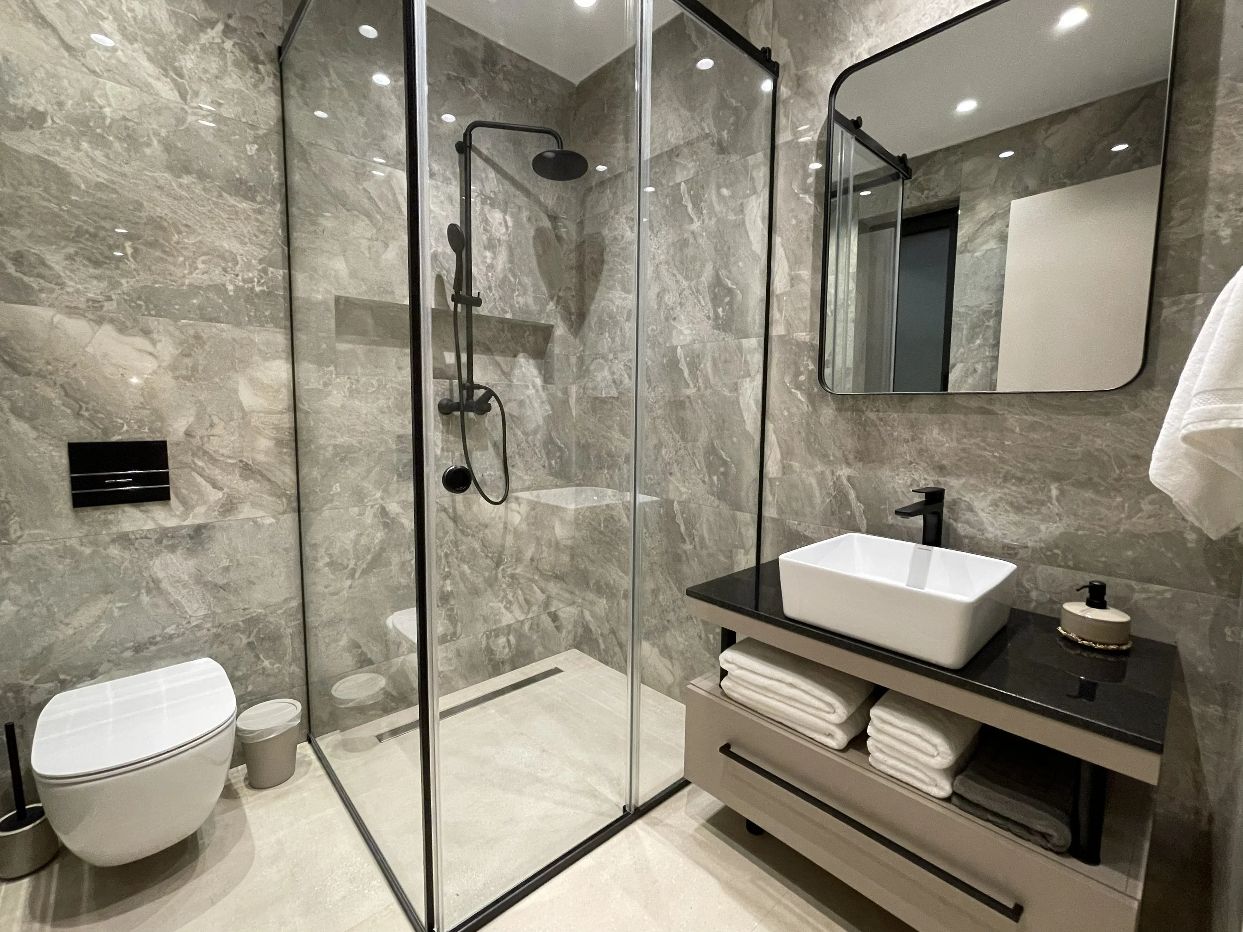 Luxury marble bathroom in a private villa in Zakynthos – Levante Villas