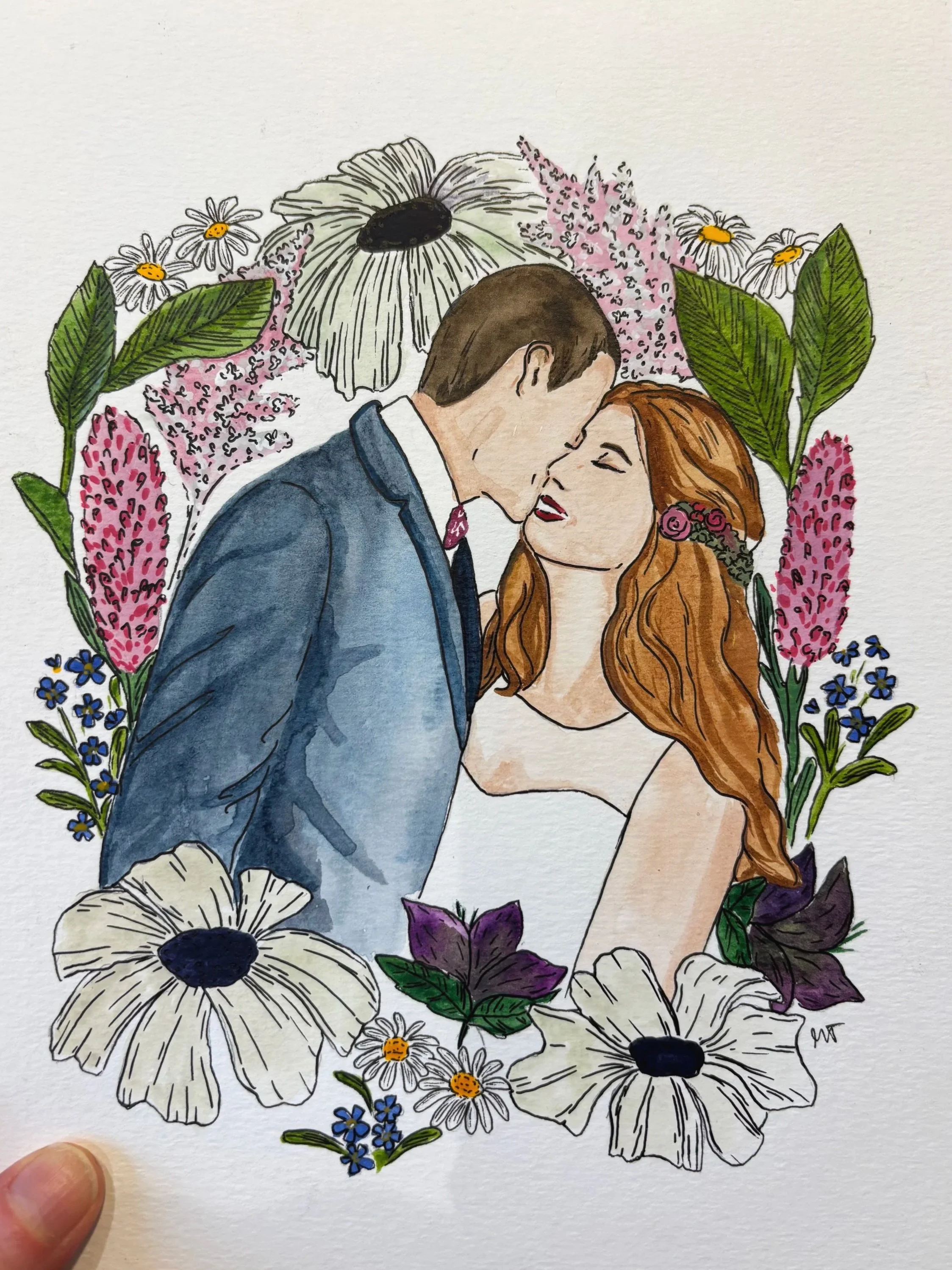 Bride and groom wedding portrait, including wedding flowers hand painted by By Minutes illustration