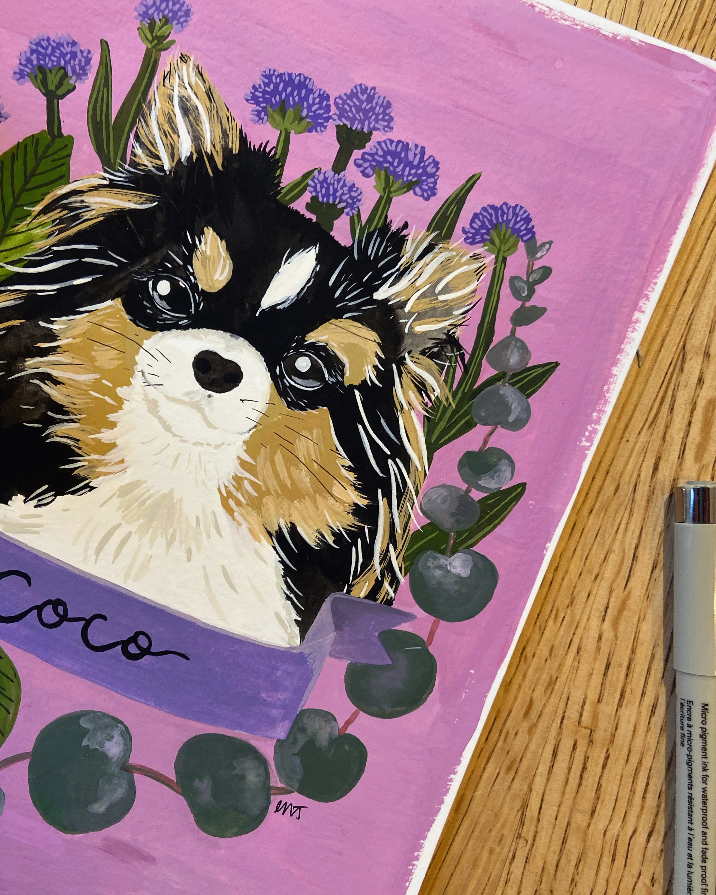 Painting of a pomeranian pet portrait. Hand painted pet portrait with floral design. Custom illustrated floral pet portrait.