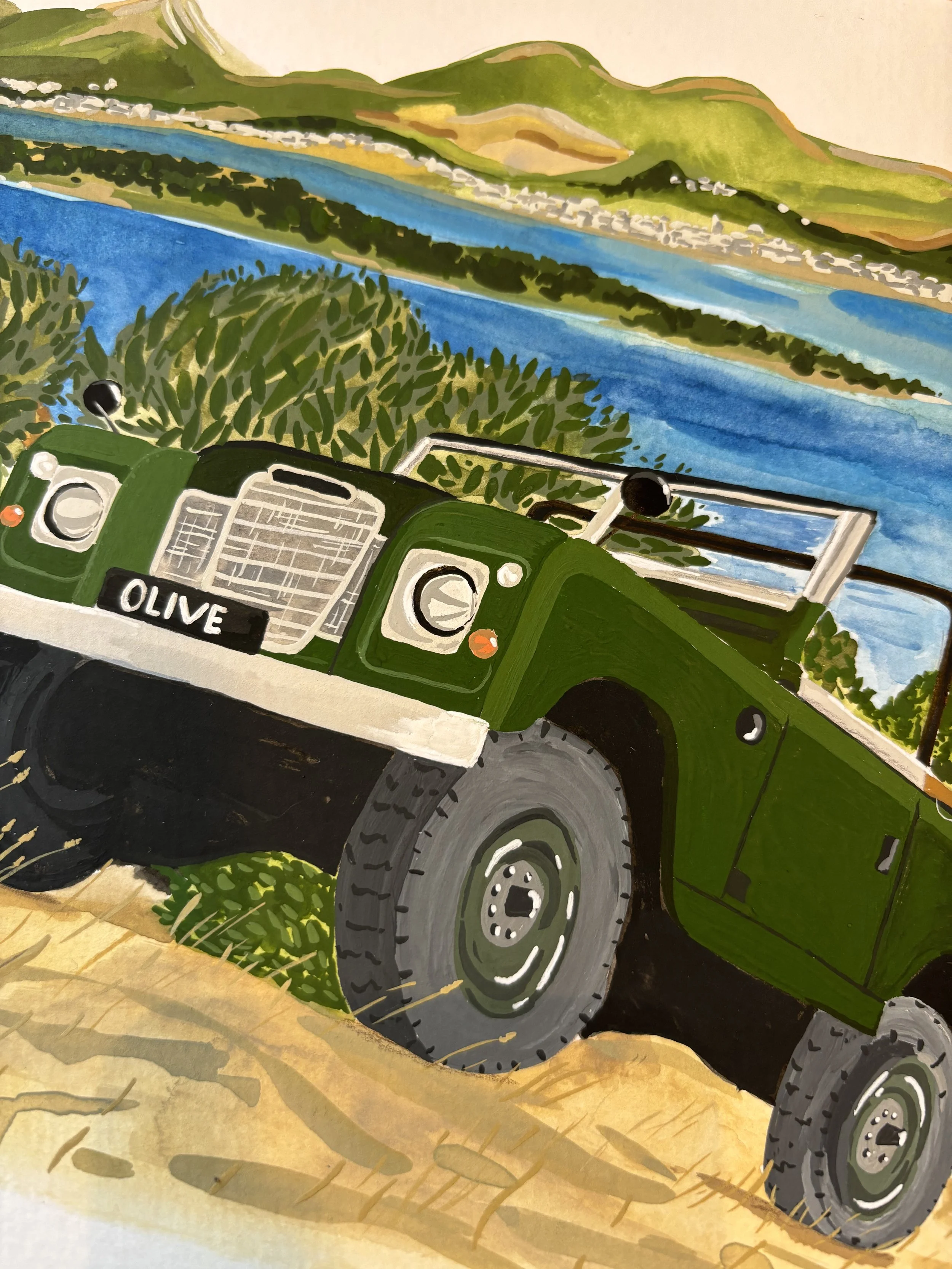 Hand painted vintage Land Rover in the hills infront of a beach. By minutes illustration of a Land Rover.