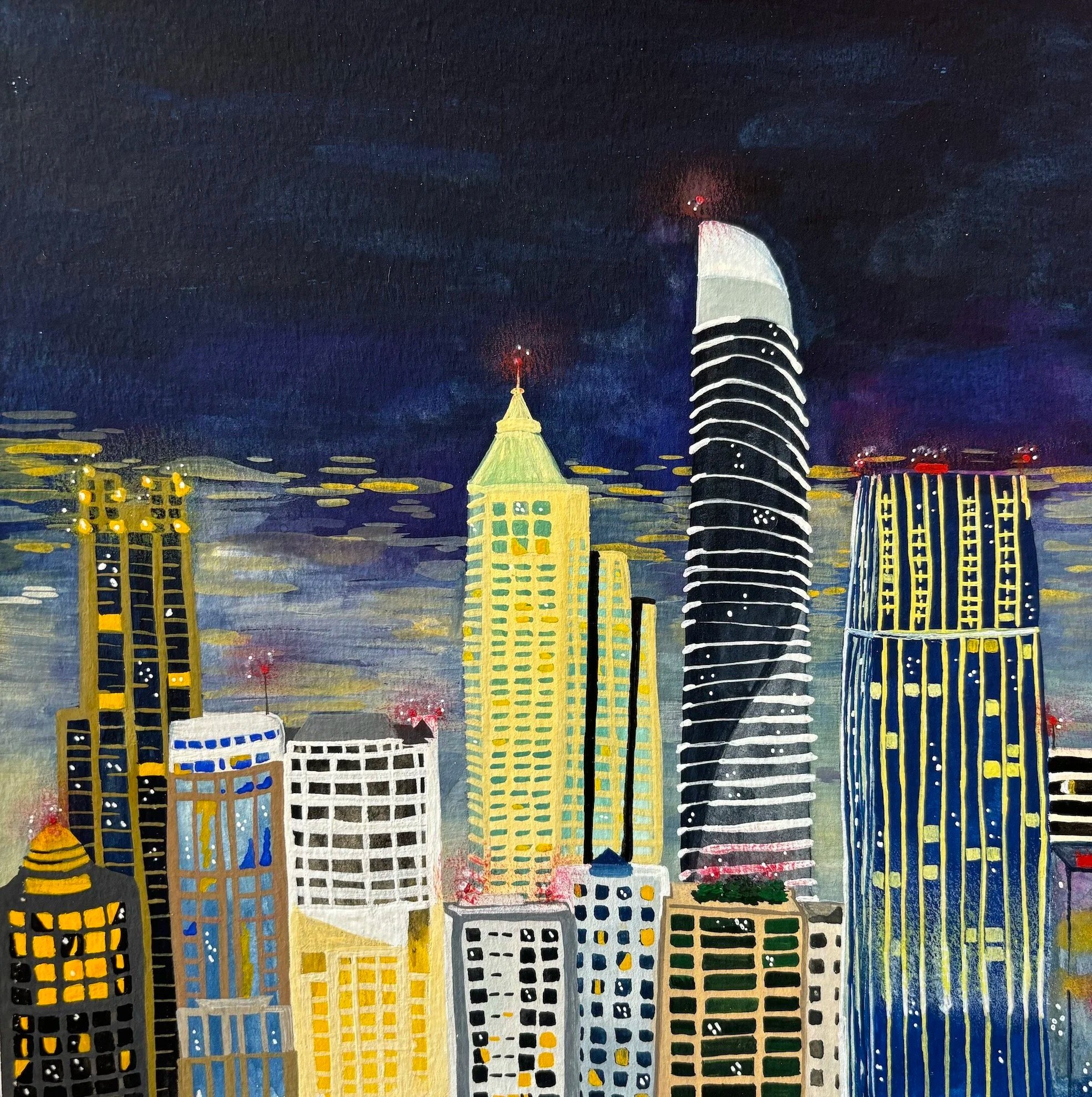 Hand painted travel illustration of Bangkok skyline. Travel artwork. 