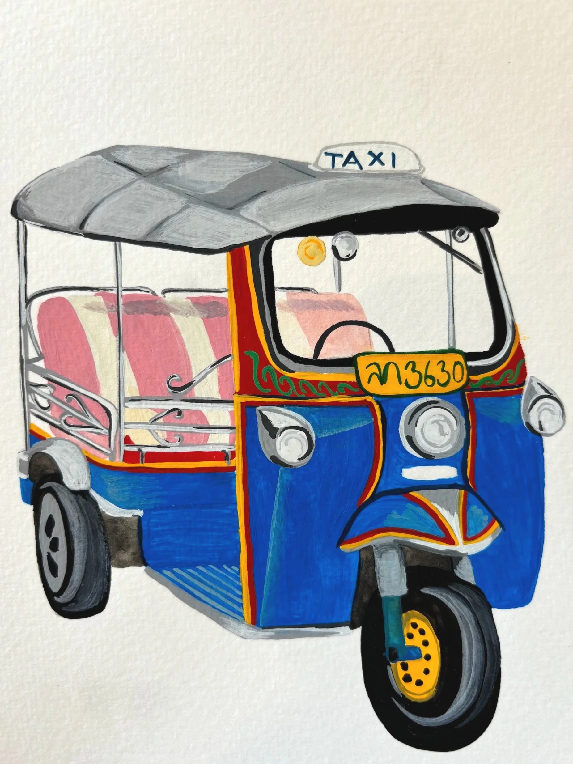 Custom travel illustration of a Thai tuk tuk. Hand painted travel artwork. 
