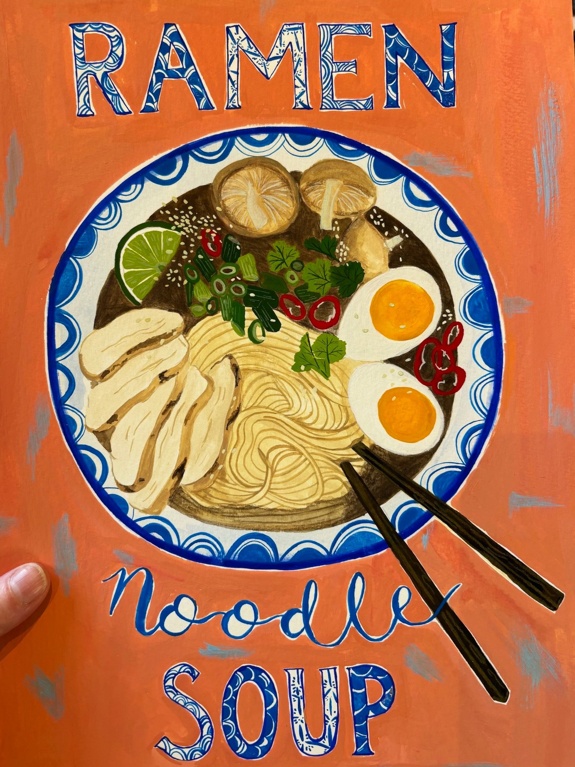 Food illustration of Japanese Ramen noodle soup. Hand painted food artwork of ramen. 
