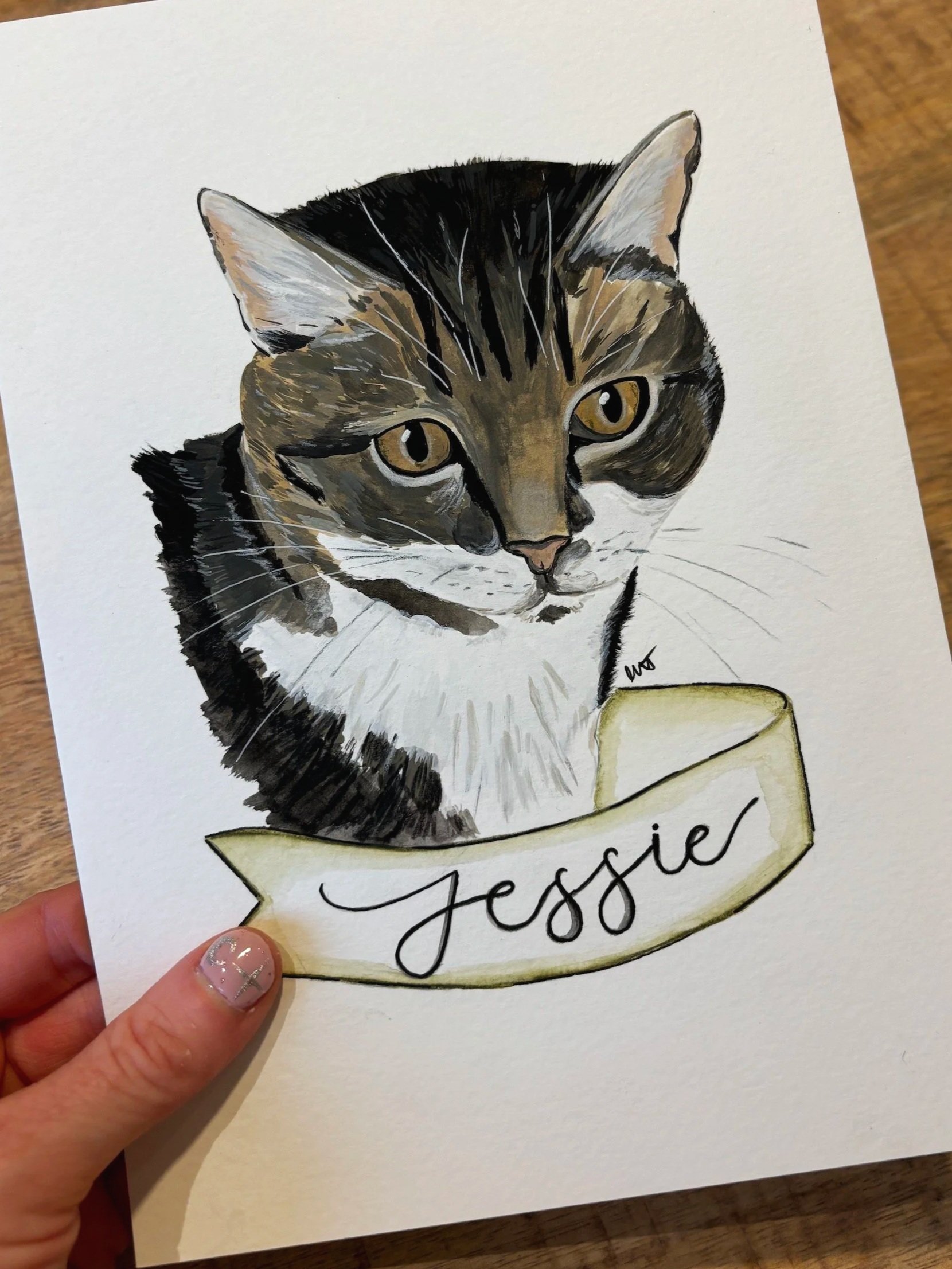 Simple custom hand painted pet portrait of a tabby cat with a name banner called Jessie. 