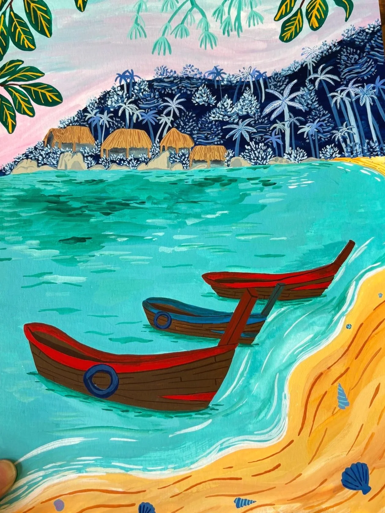 Custom hand painted travel illustration of the Thai island Koh Tao. Featuring Thai fishing boats backed by the turquoise sea and deep blue jungle. Hand illustrated travel portrait. 