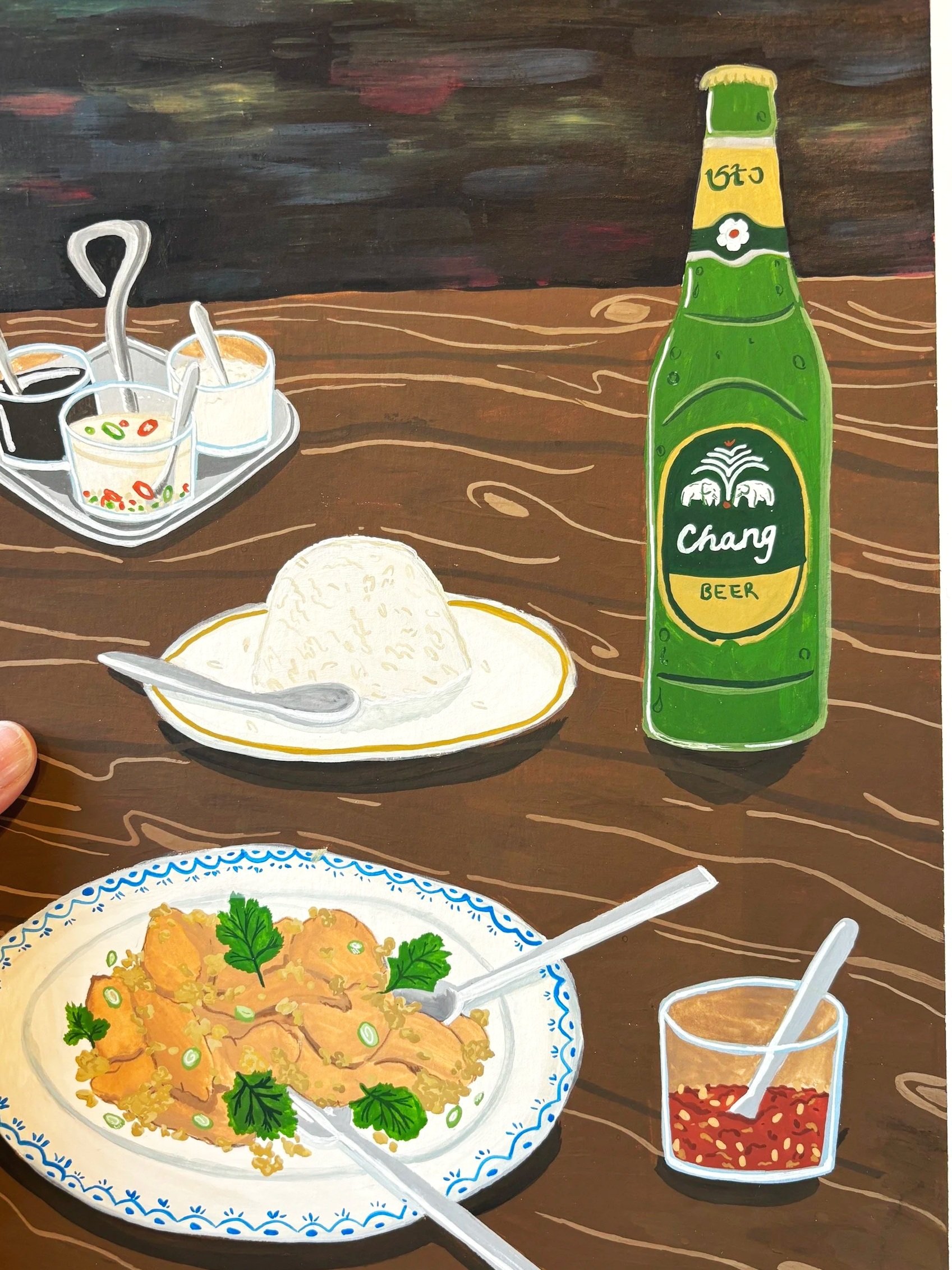 Hand painted travel food illustration of Thai dish with chillis, rice and condiments, as well as a beer. Food illustration.