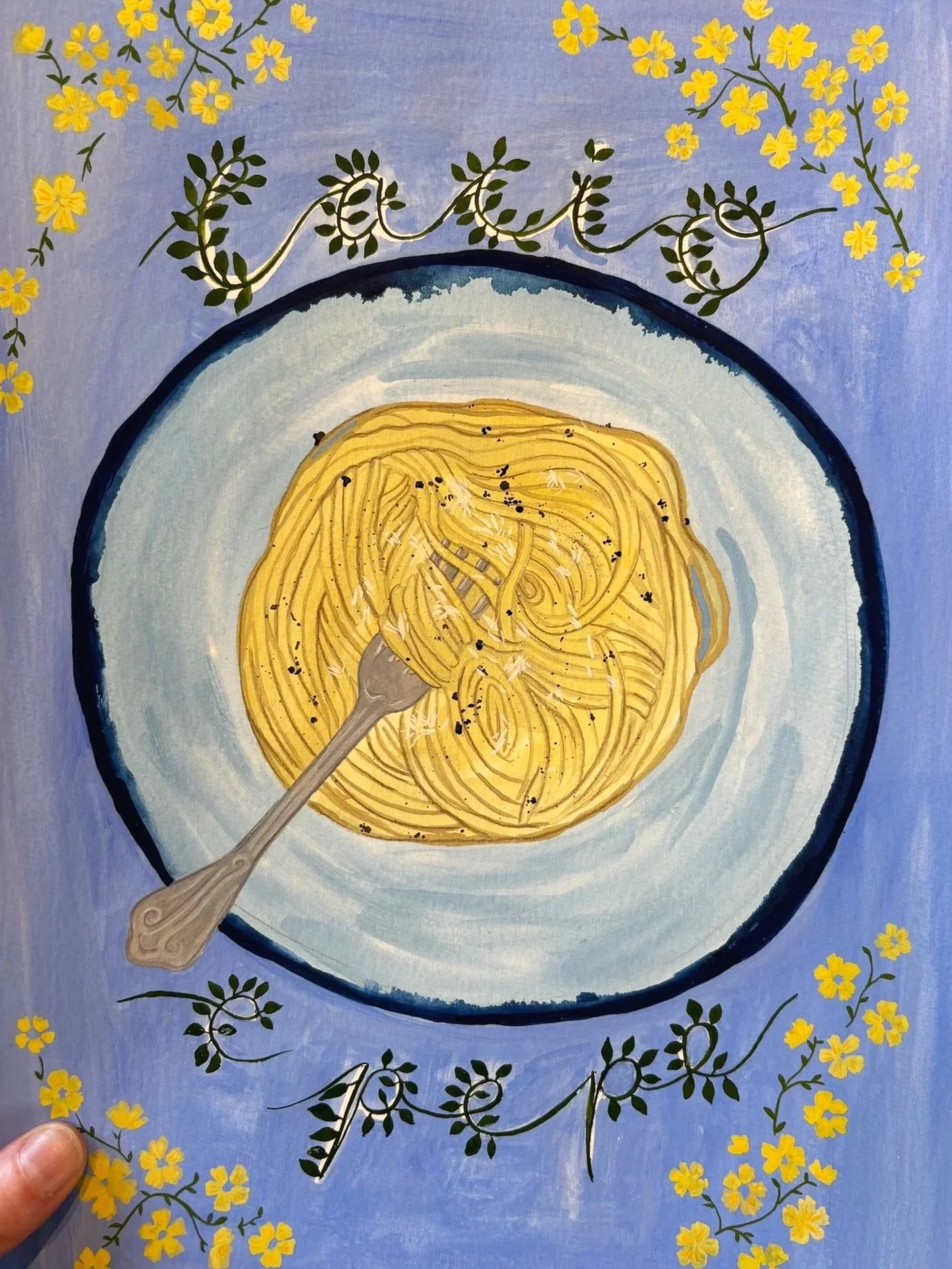 Food illustration of Italian pasta dish cacio e pepe. Hand painted food artwork of pasta. 