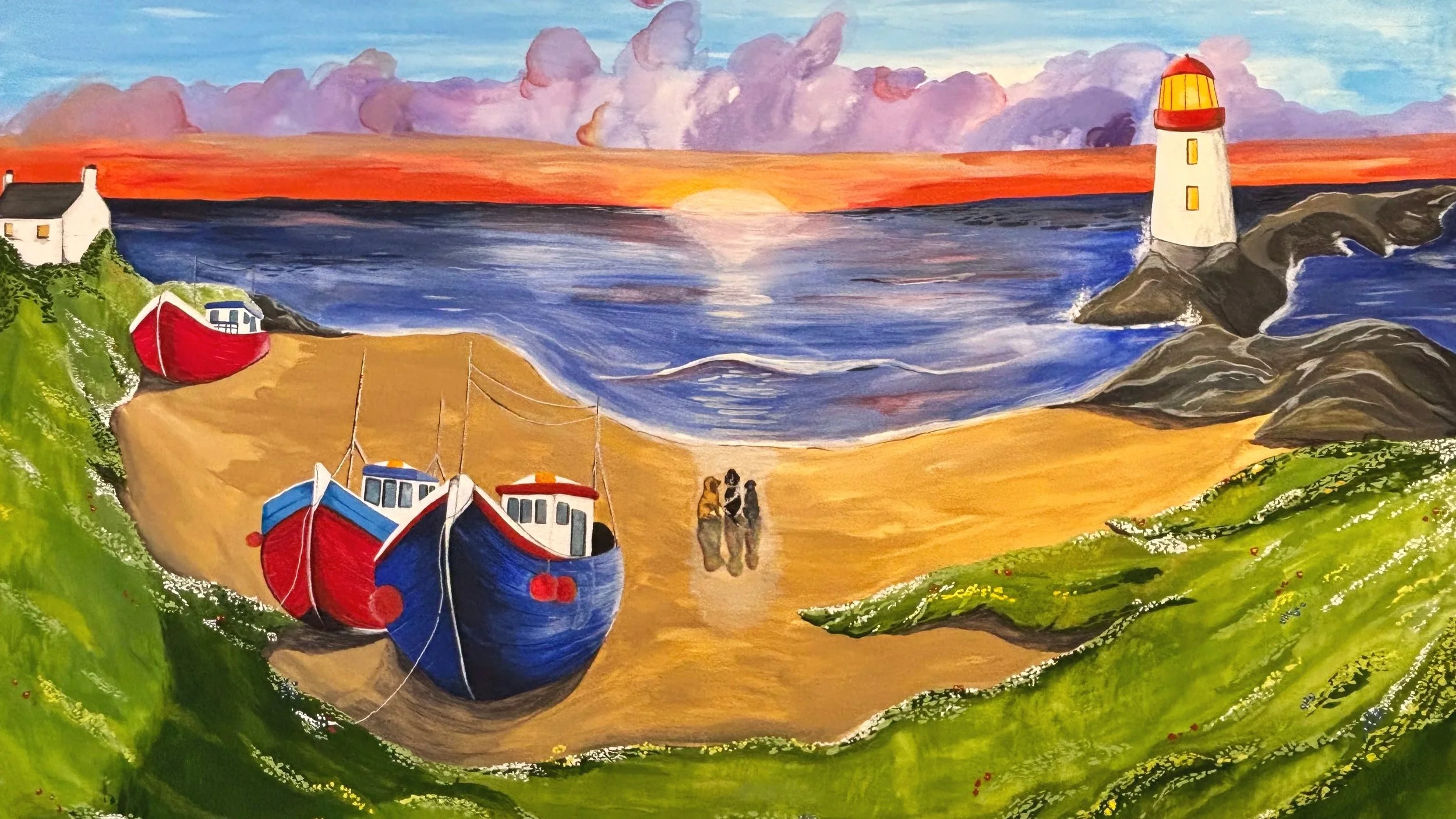 A hand painted custom portrait of three dogs on a beach, overlooking the sun setting over the sea. The painting is colourful and full of bright colours. 