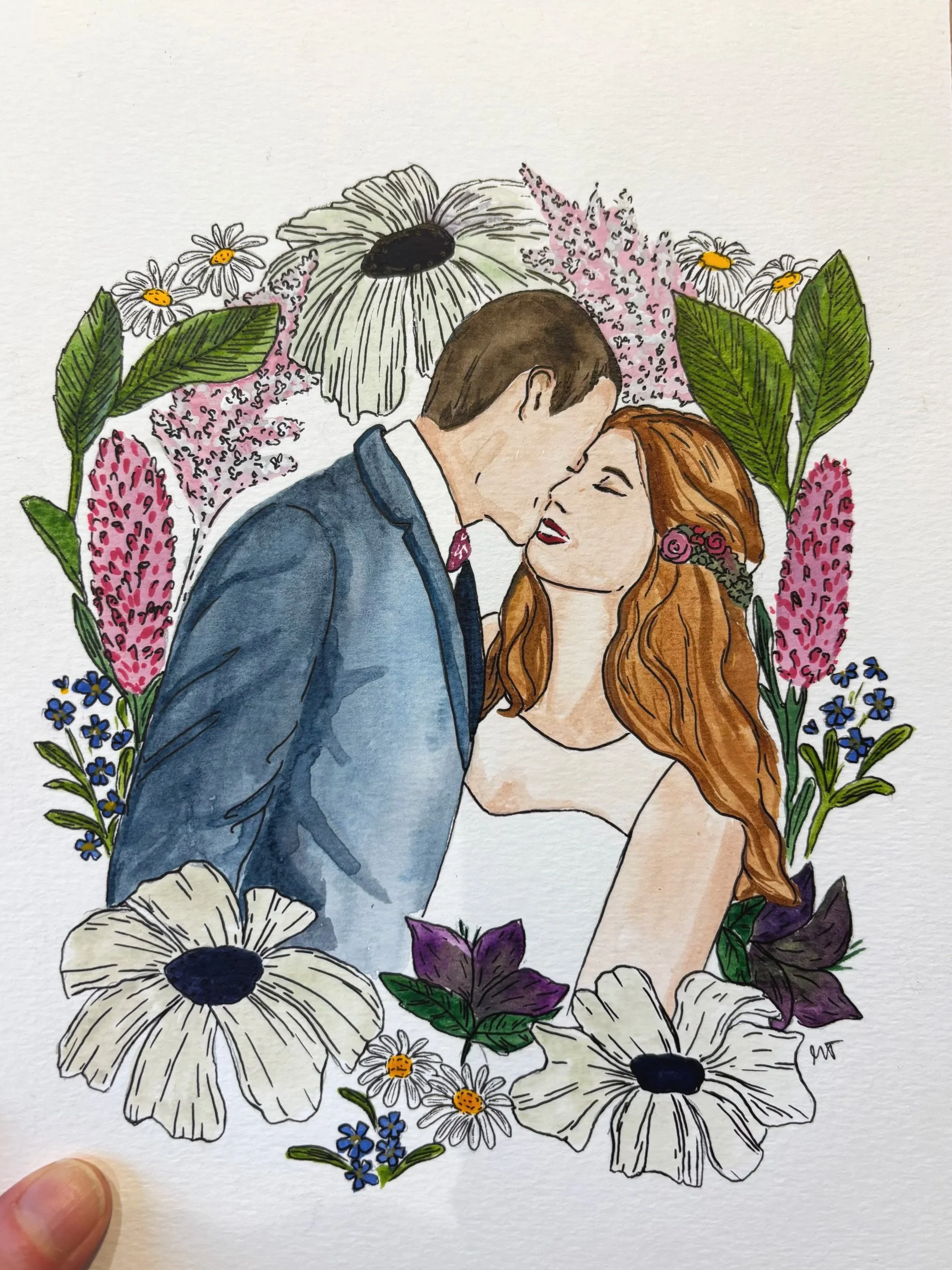 A hand painted wedding portrait of the bride and the groom, with a background of hand painted wedding flowers. By Minutes illustration. 