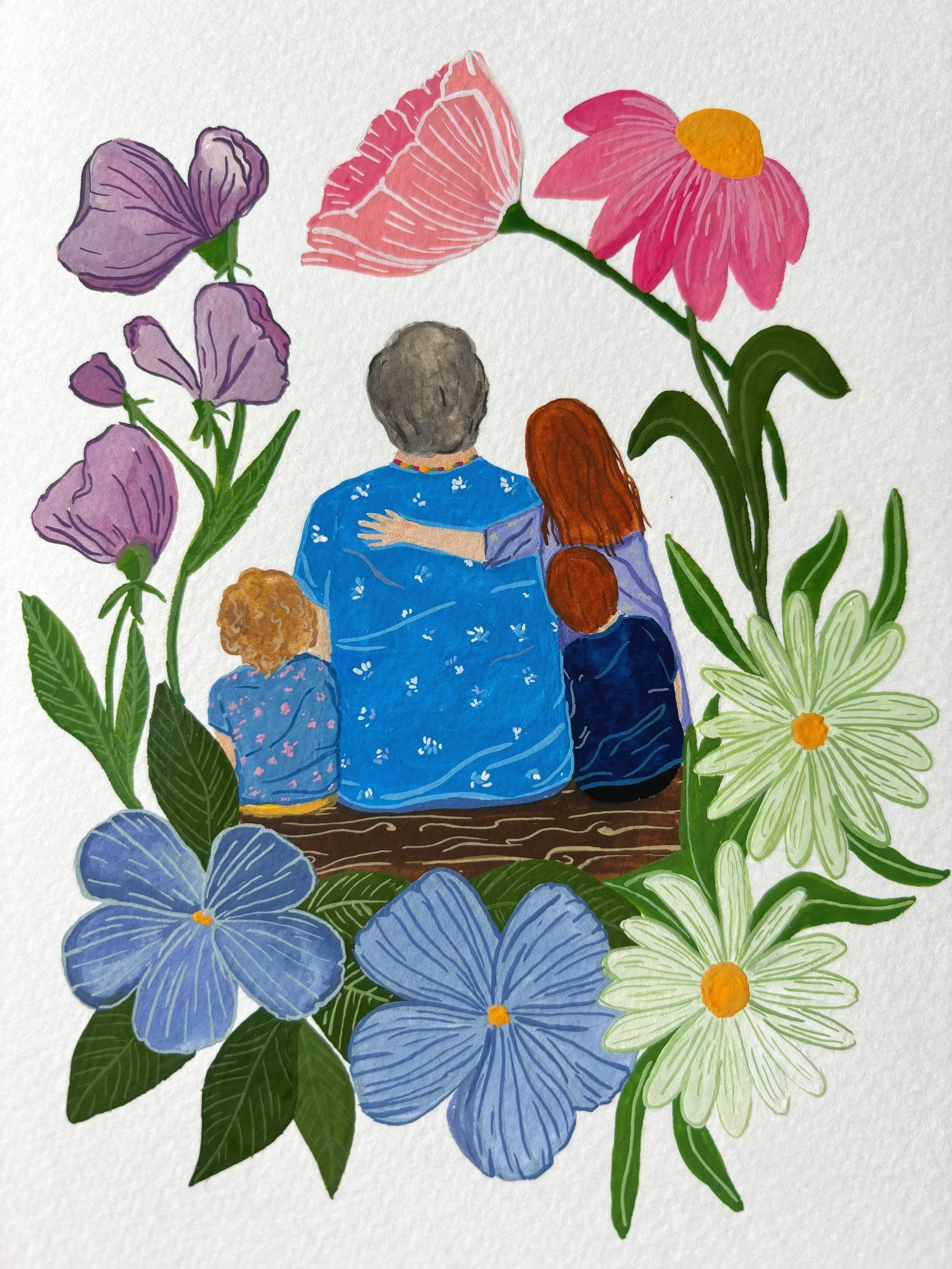 A hand painted portrait of a lady with three children sitting with her from behind. 