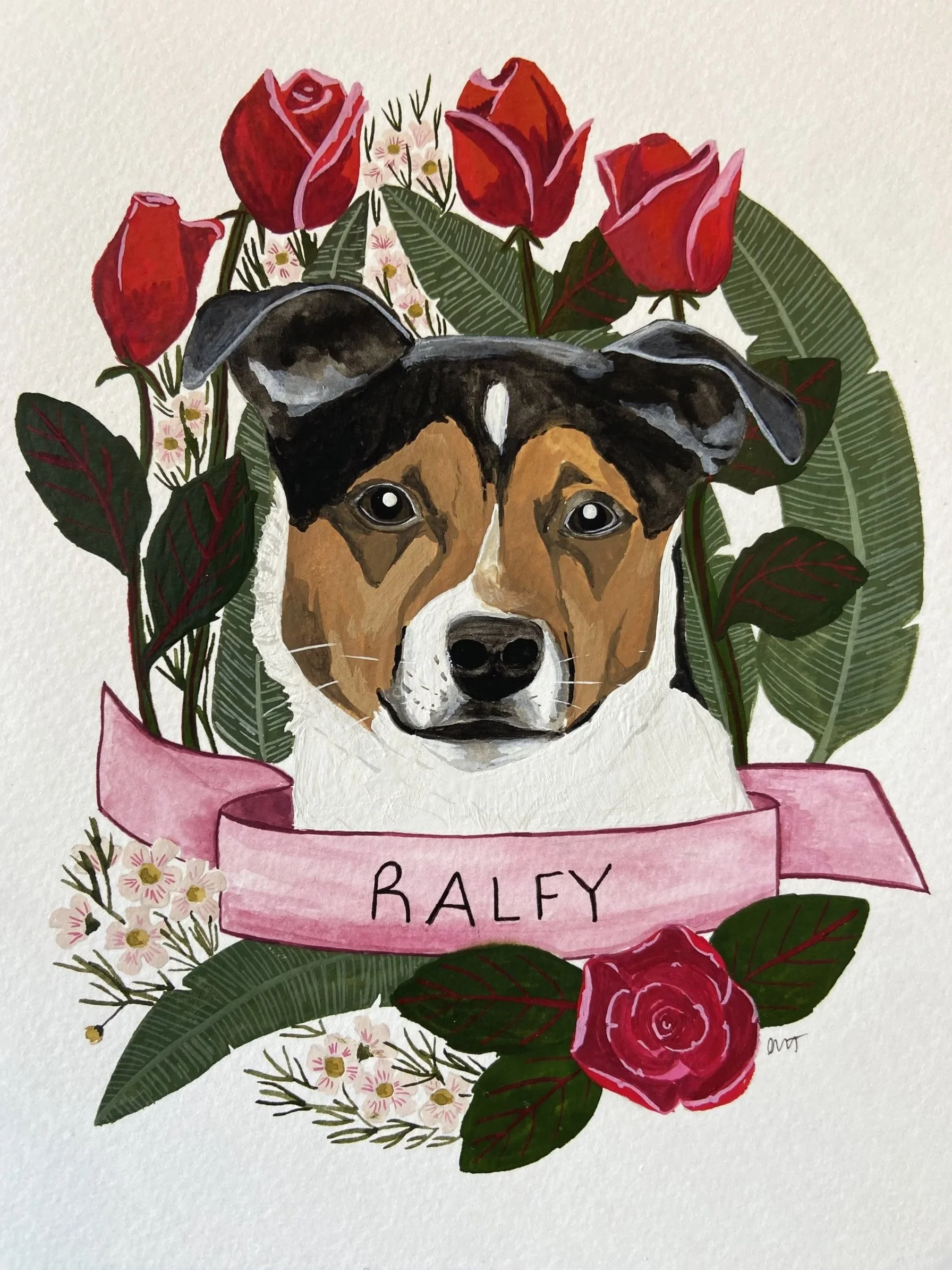 Custom Hand Illustrated Pet Portrait with Flowers