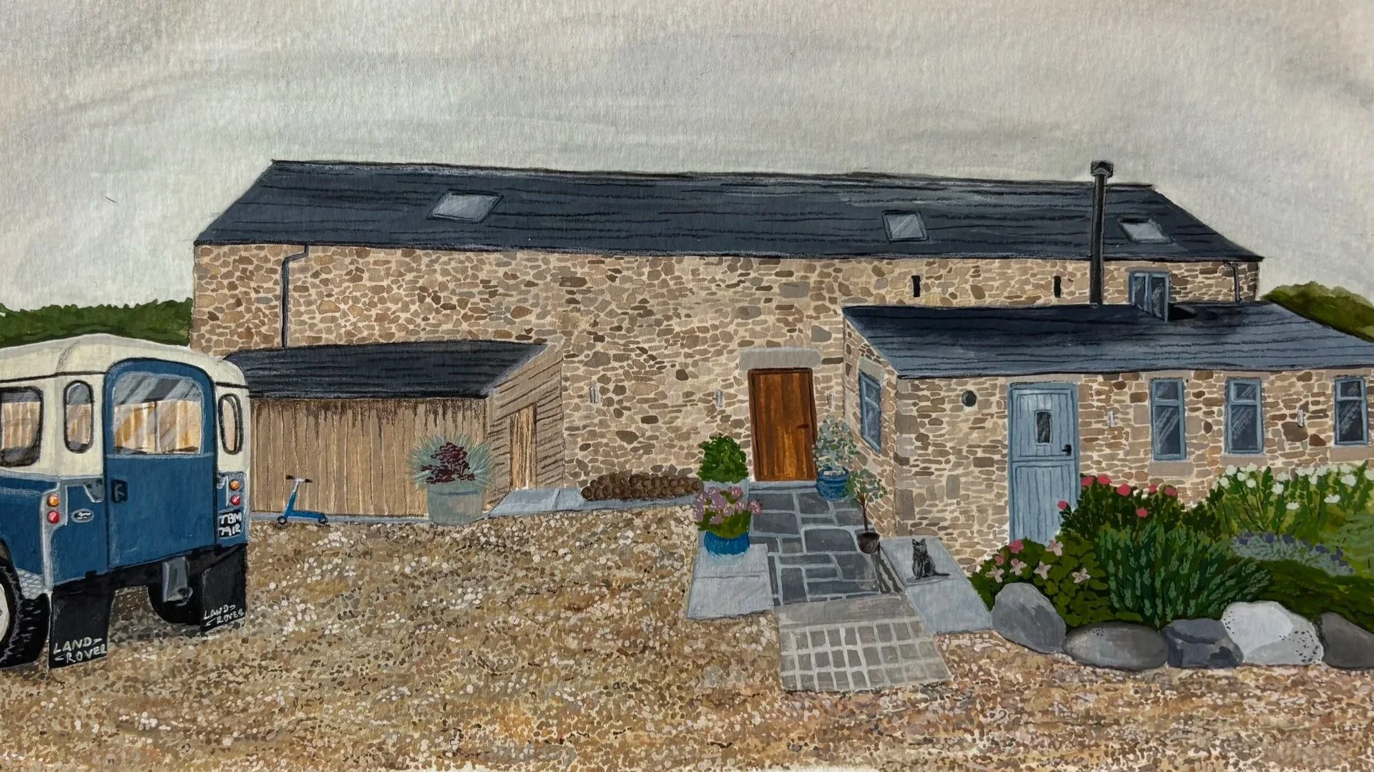 Hand painted house and home portrait with Land Rover. Illustrated by By Minutes illustration