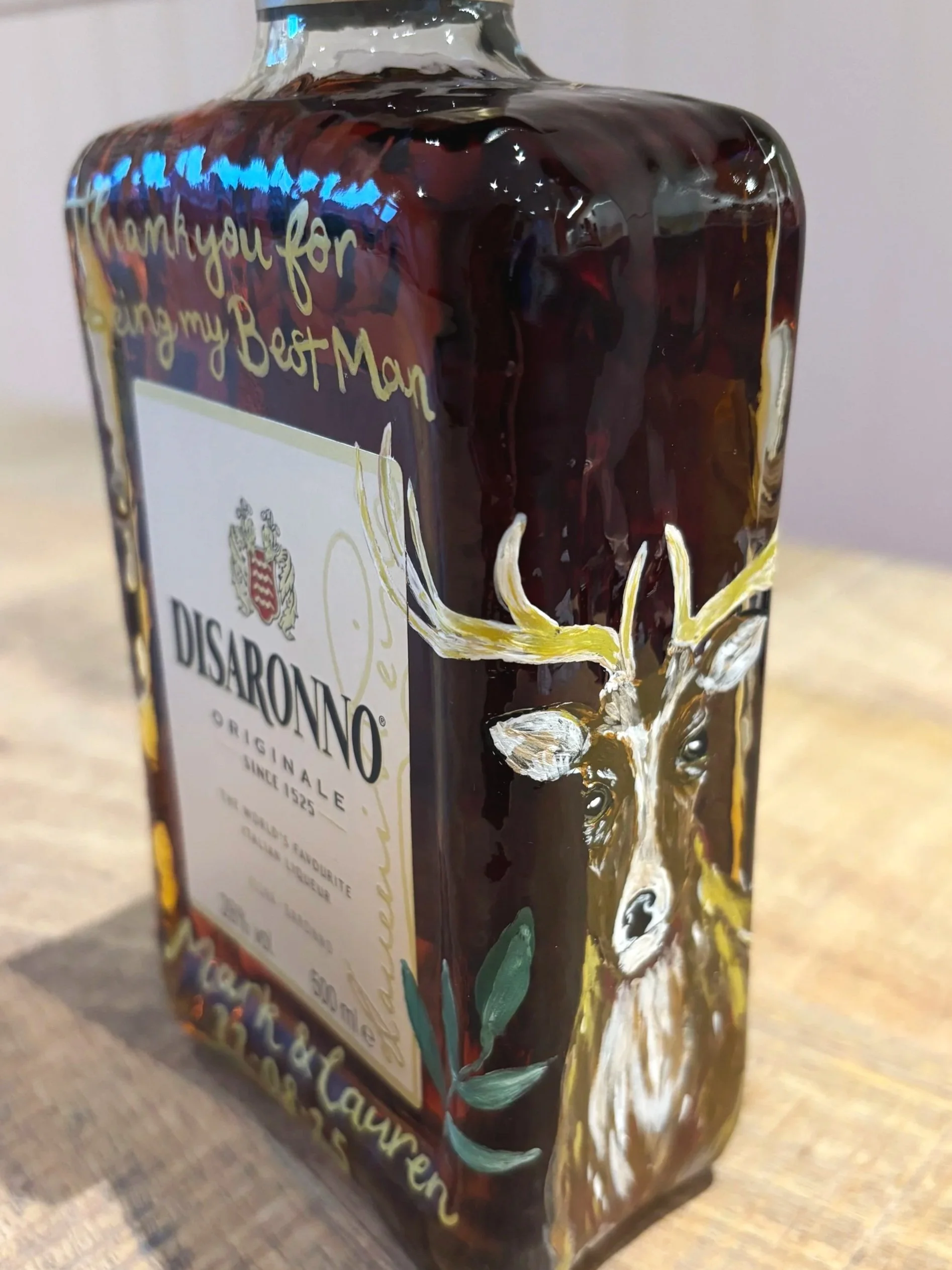 Hand Painted bottle of Disaronno with an English country theme with a pheasant and a stag. Best man gift. Wedding gift. By Minutes illustration.