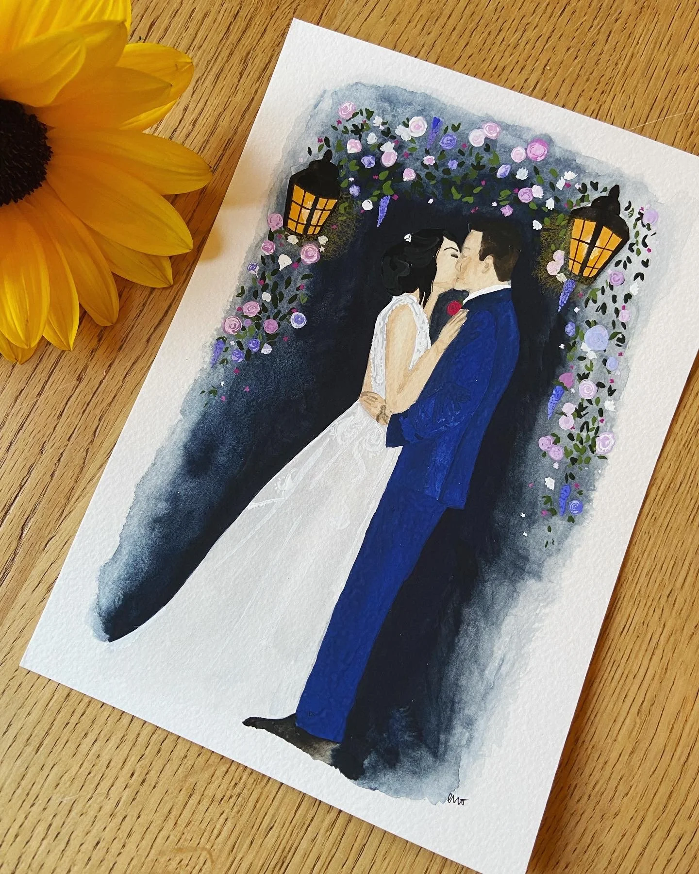 Wedding kiss illustration hand painted. Surrounded by flowers and lanterns. Illustrated by By Minutes Illustration