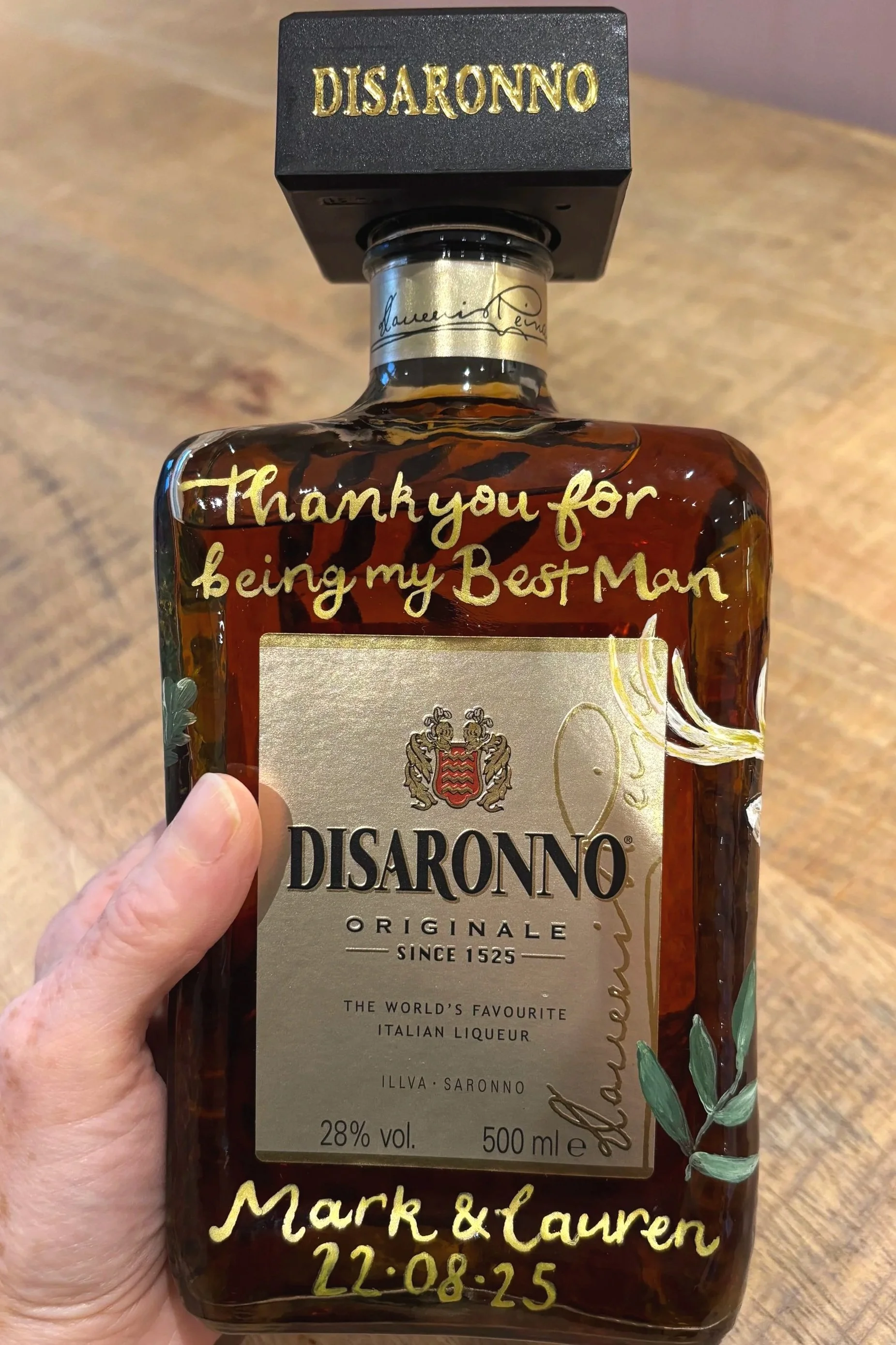 Hand Painted bottle of Disaronno with an English country theme with a pheasant and a stag. Best man gift. Wedding gift. By Minutes illustration.