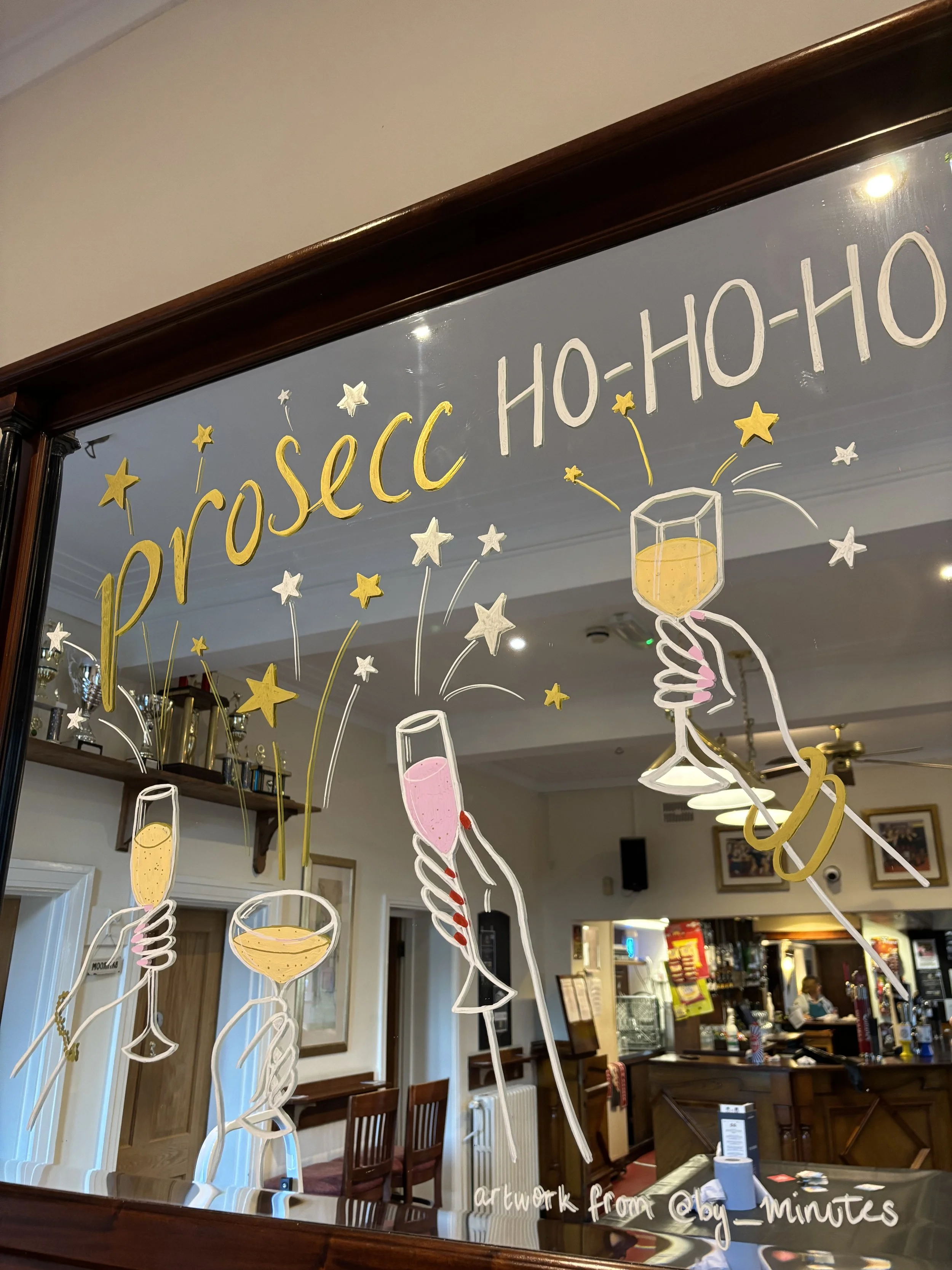 Decorative mirror with hand-drawn illustrations of champagne glasses, stars, and the word 'Prosecco' in yellow, celebrating New Year's with a background of a cozy bar interior.