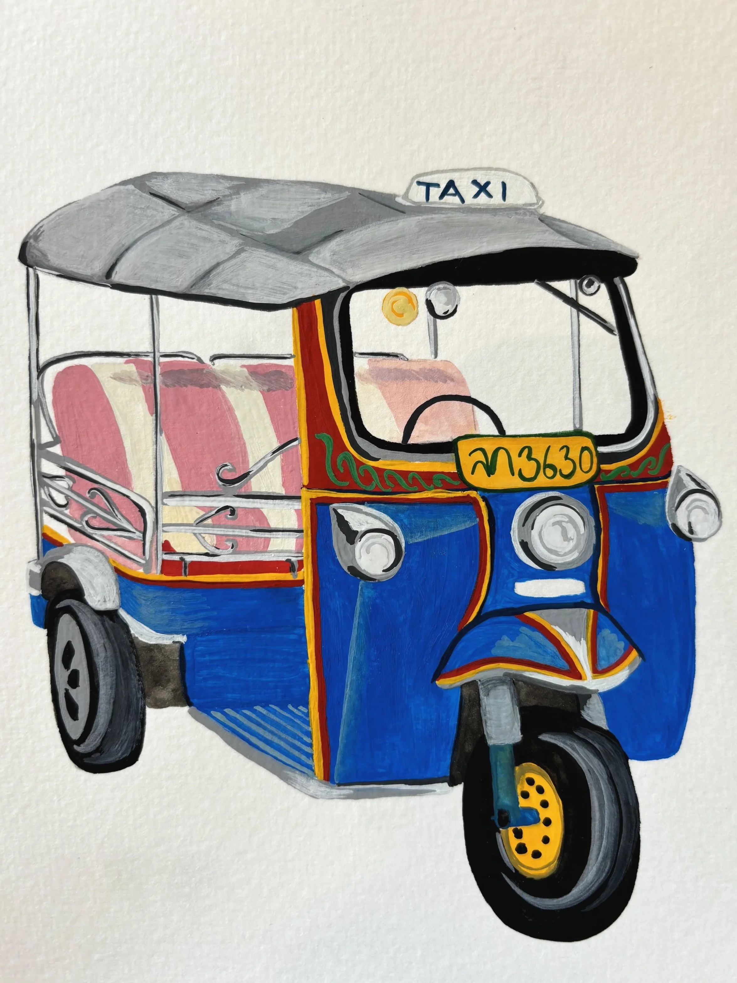 Hand illustrated painted image of a Thai tuk tut in bright colours. By Minutes Illustration.