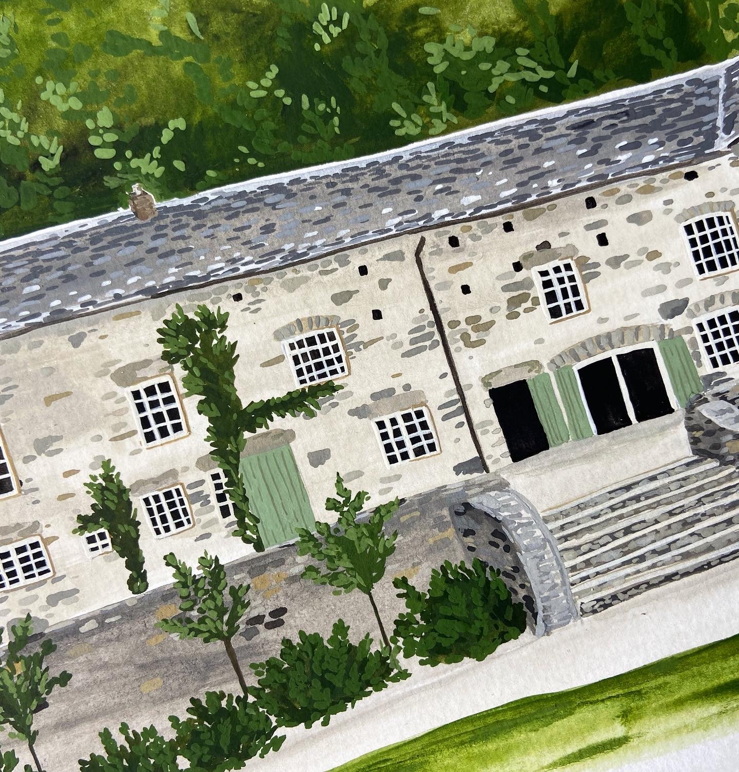 Hand painted wedding portrait of Townhead Estate in the Lake District. Custom illustrated wedding venue portrait. 