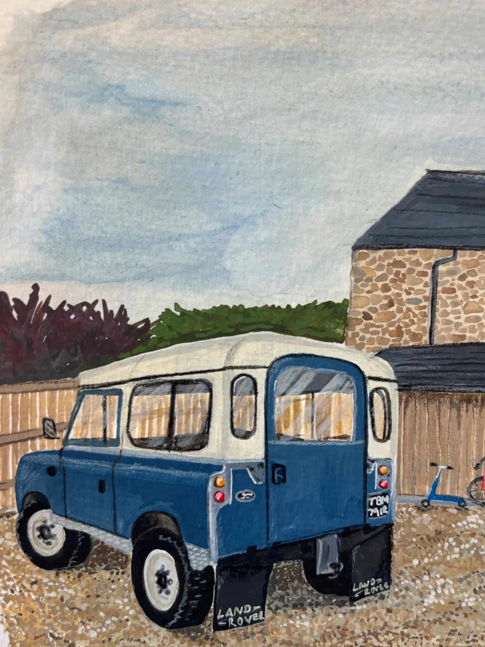 Hand Painted image of a vintage style Land Rover in front of an old barn and trees. By Minutes illustration artwork