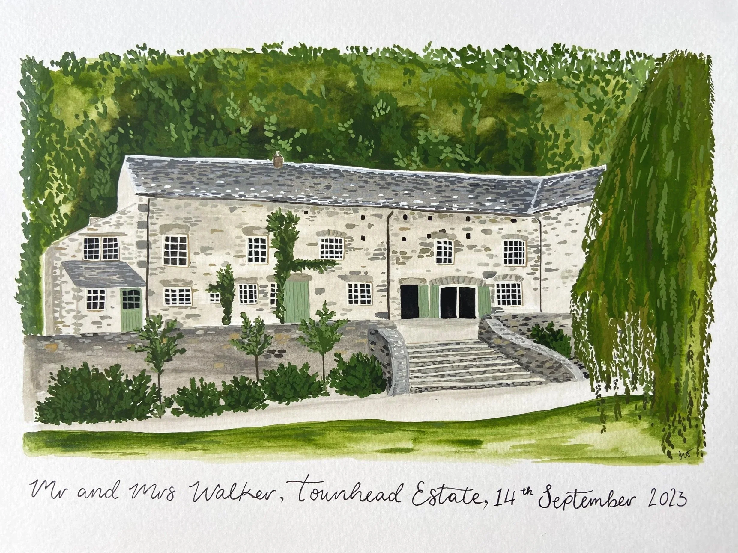 Hand painted venue portrait of a wedding day. Wedding venue portrait. Illustrated by By Minutes Illustration