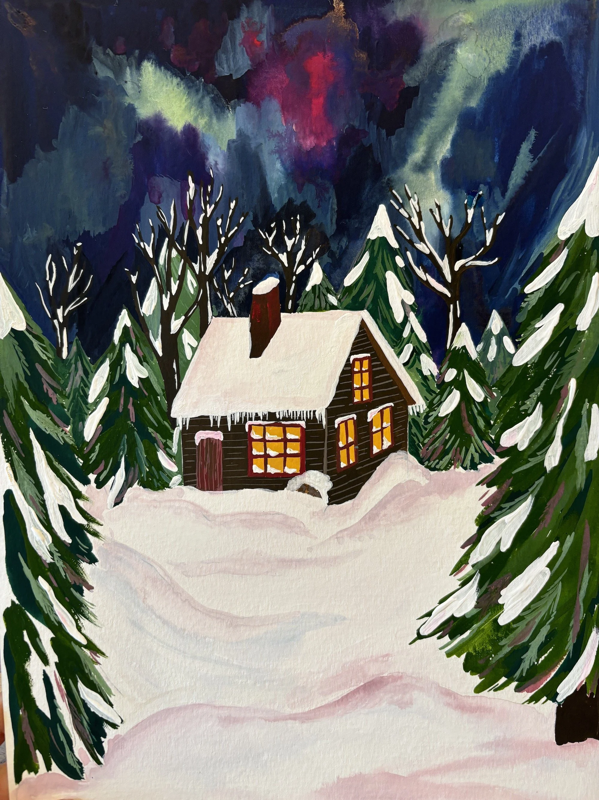 Hand painted travel portrait illustration of a cosy looking log cabin covered in thick snow, sitting below the Norther Lights, Aurora Borealis, surrounded by snow laden trees. 