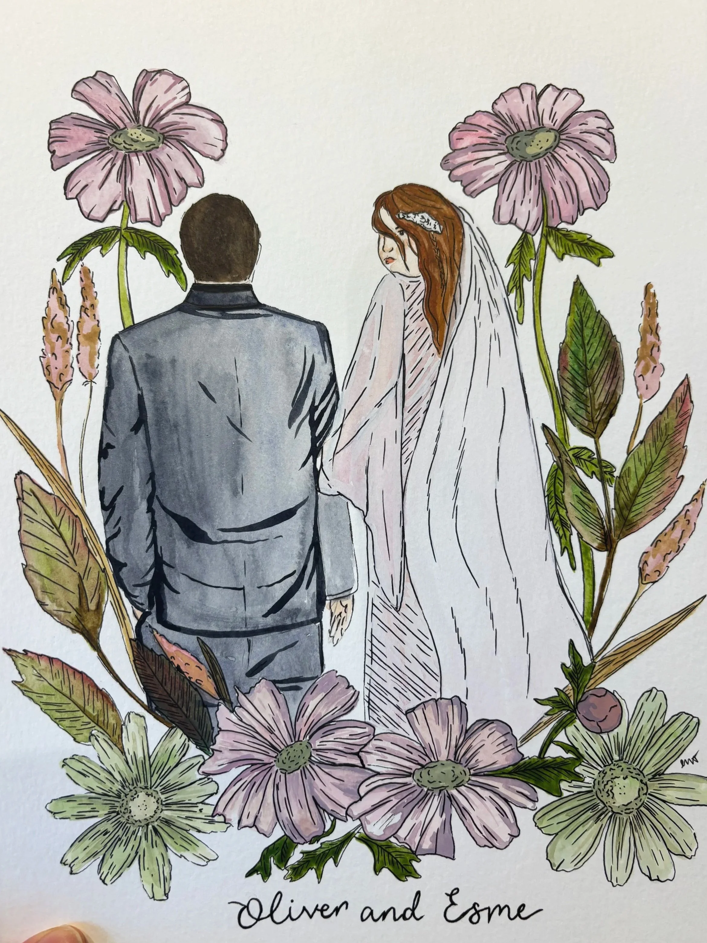 Hand painted portrait of Bride and groom standing together surrounded by wedding flowers on their wedding day. Illustrated by By Minutes Illustration.