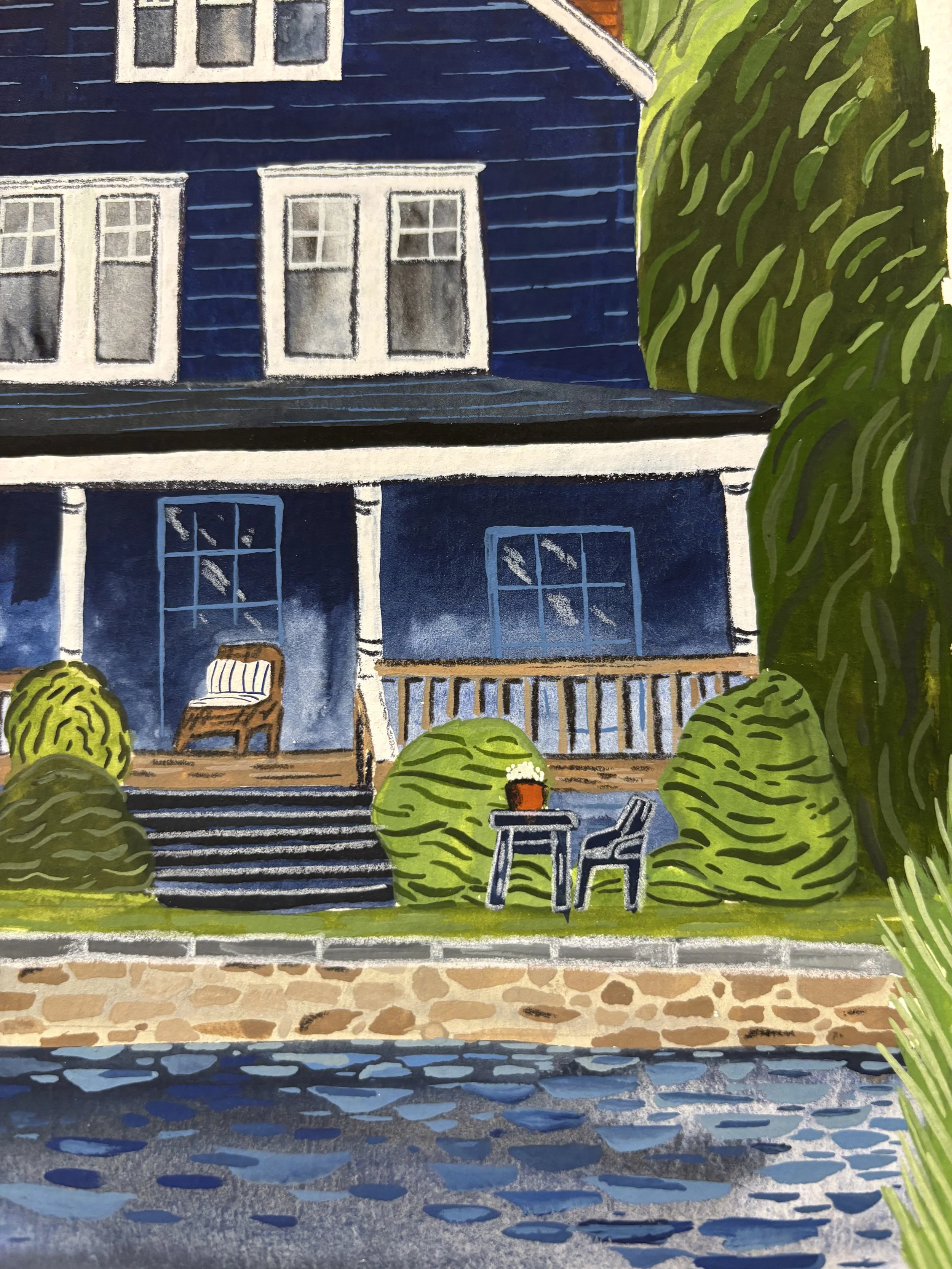 Hand Painted Idyllic blue lake house, Illustrated by By Minutes illustration