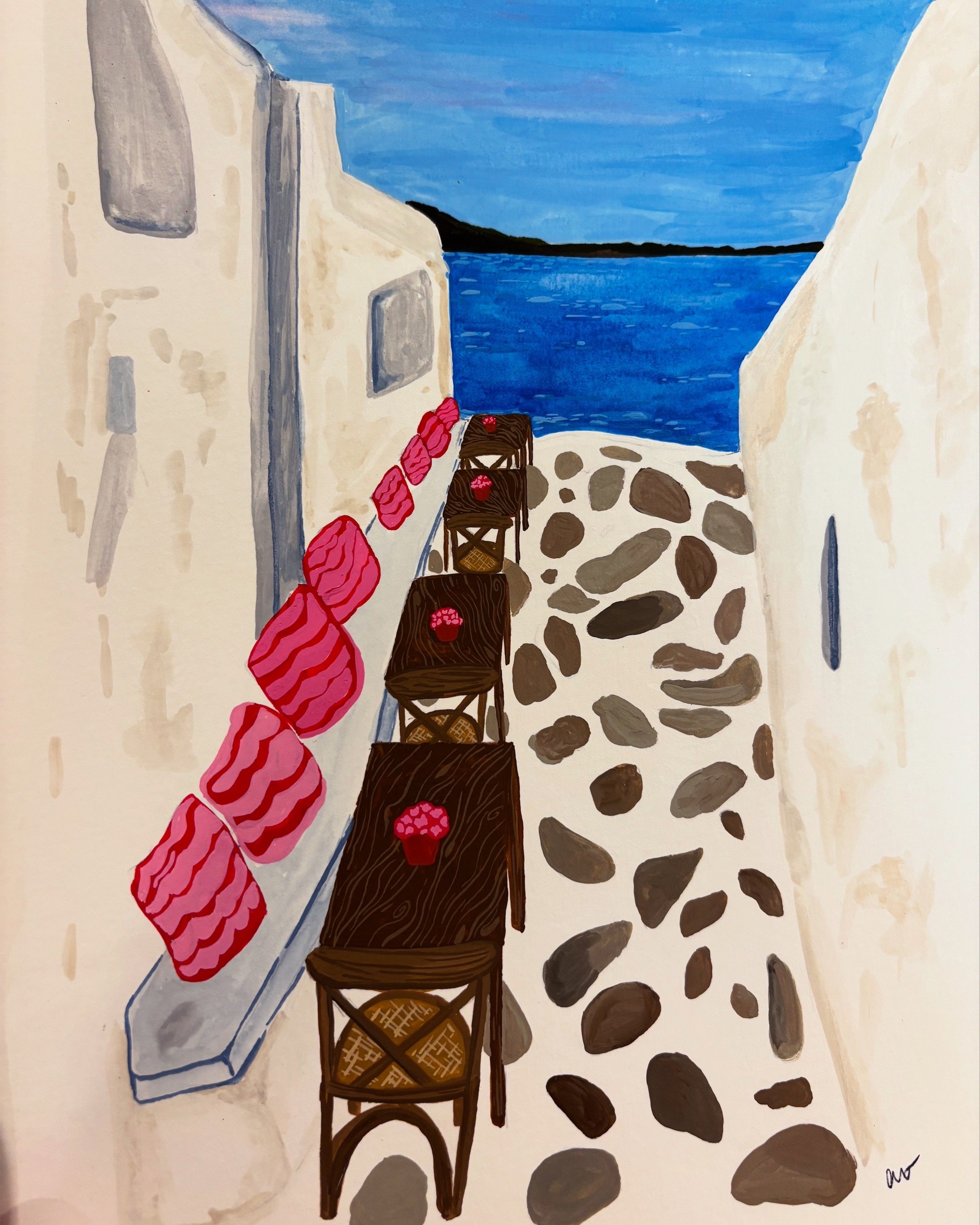 Custom hand painted travel illustration of a Greek taverna down a narrow alley, backing onto the blue sea and blue sky. 
