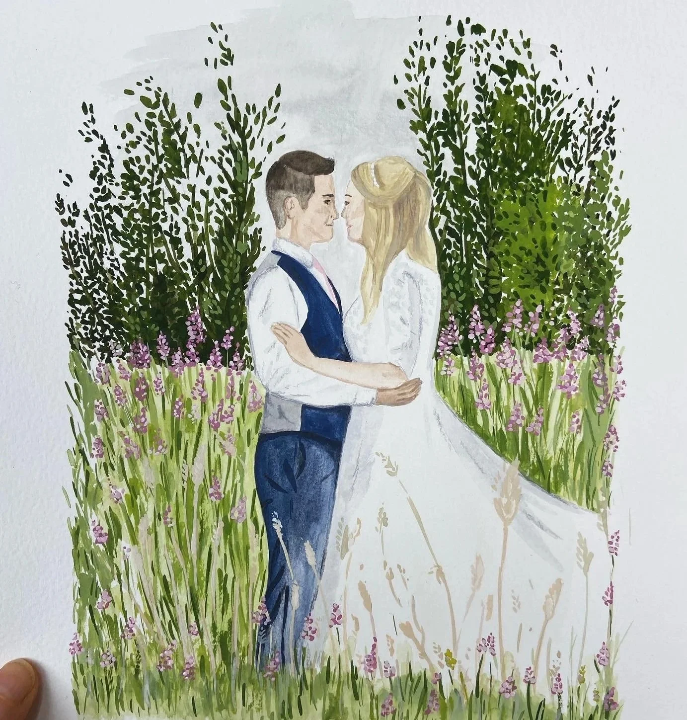 Hand painted portrait of a bride and groom standing in a flower field on their wedding day. Illustrated by By Minutes Illustration