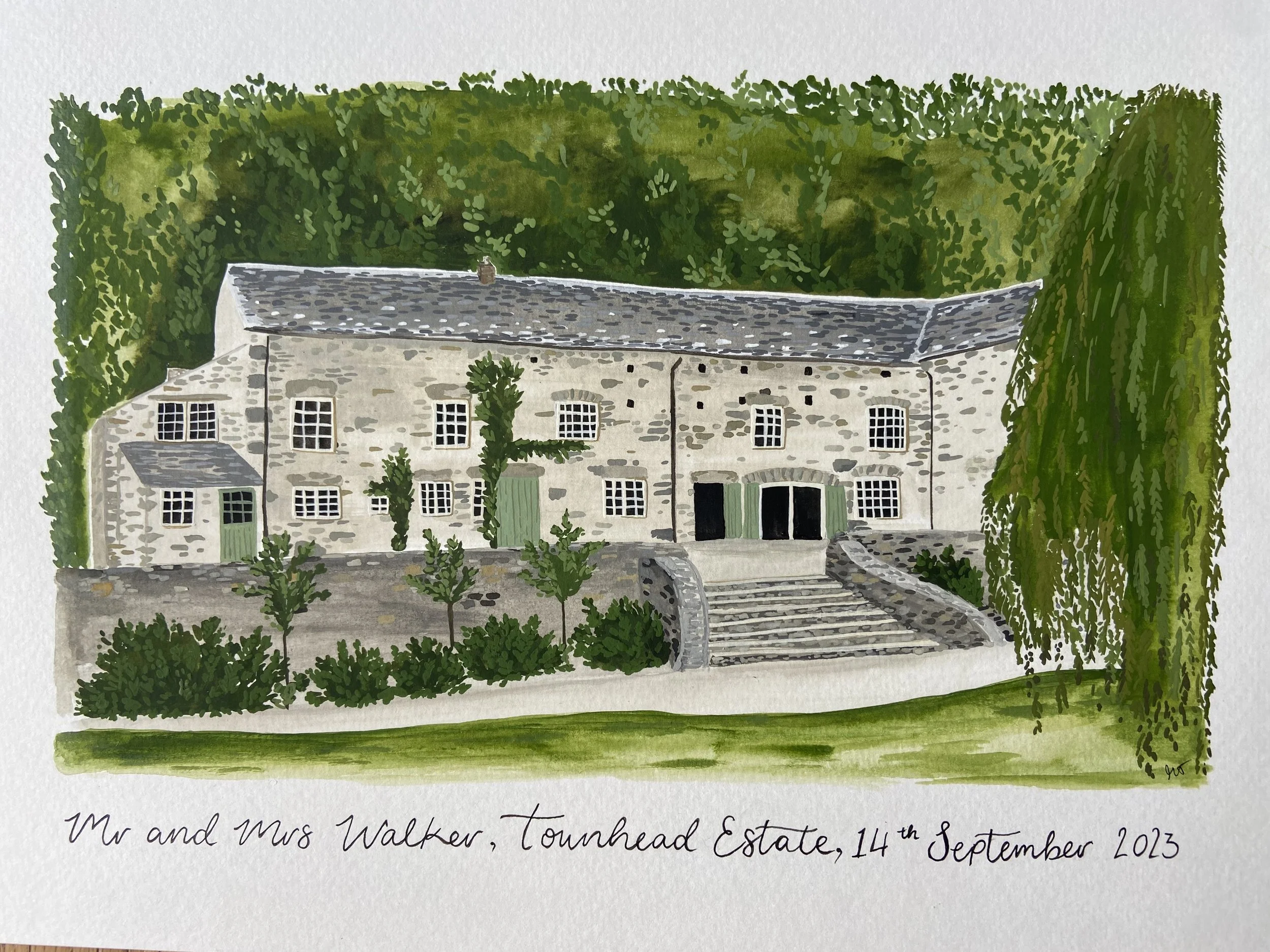 Hand painted wedding venue illustration at Townhead Estate in the Lake District. 