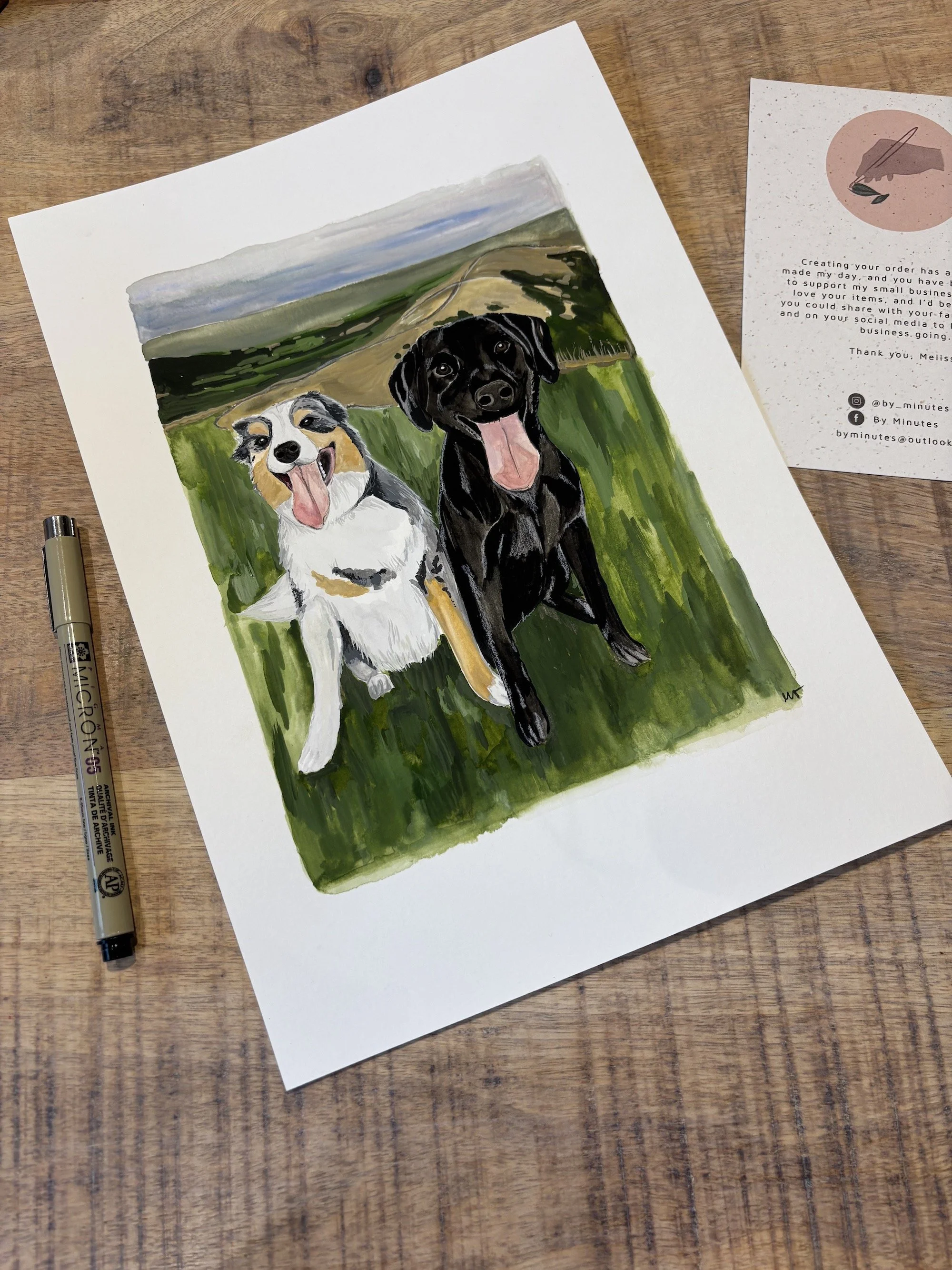 Commissioned pet portrait of two dogs in the Peak District. Hand painted pet portrait.