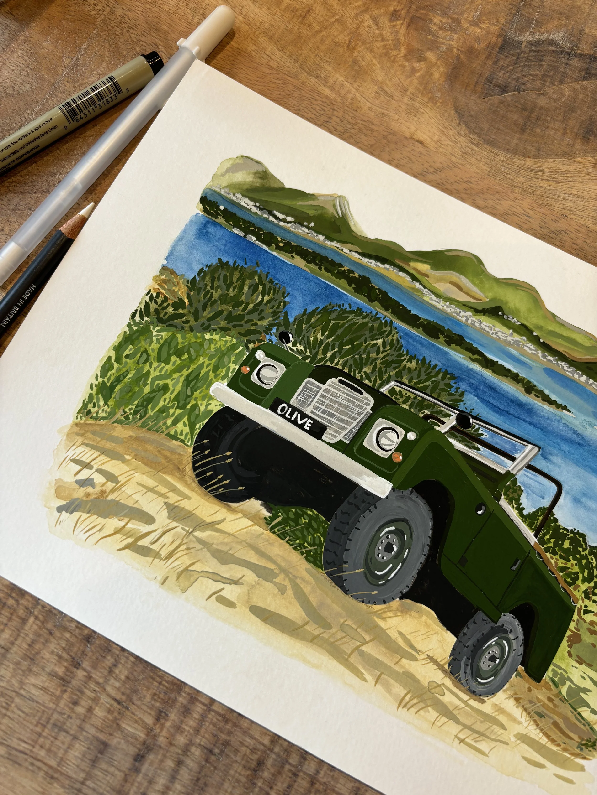 Hand painted vintage Land Rover in the hills infront of a beach. By minutes illustration of a Land Rover.