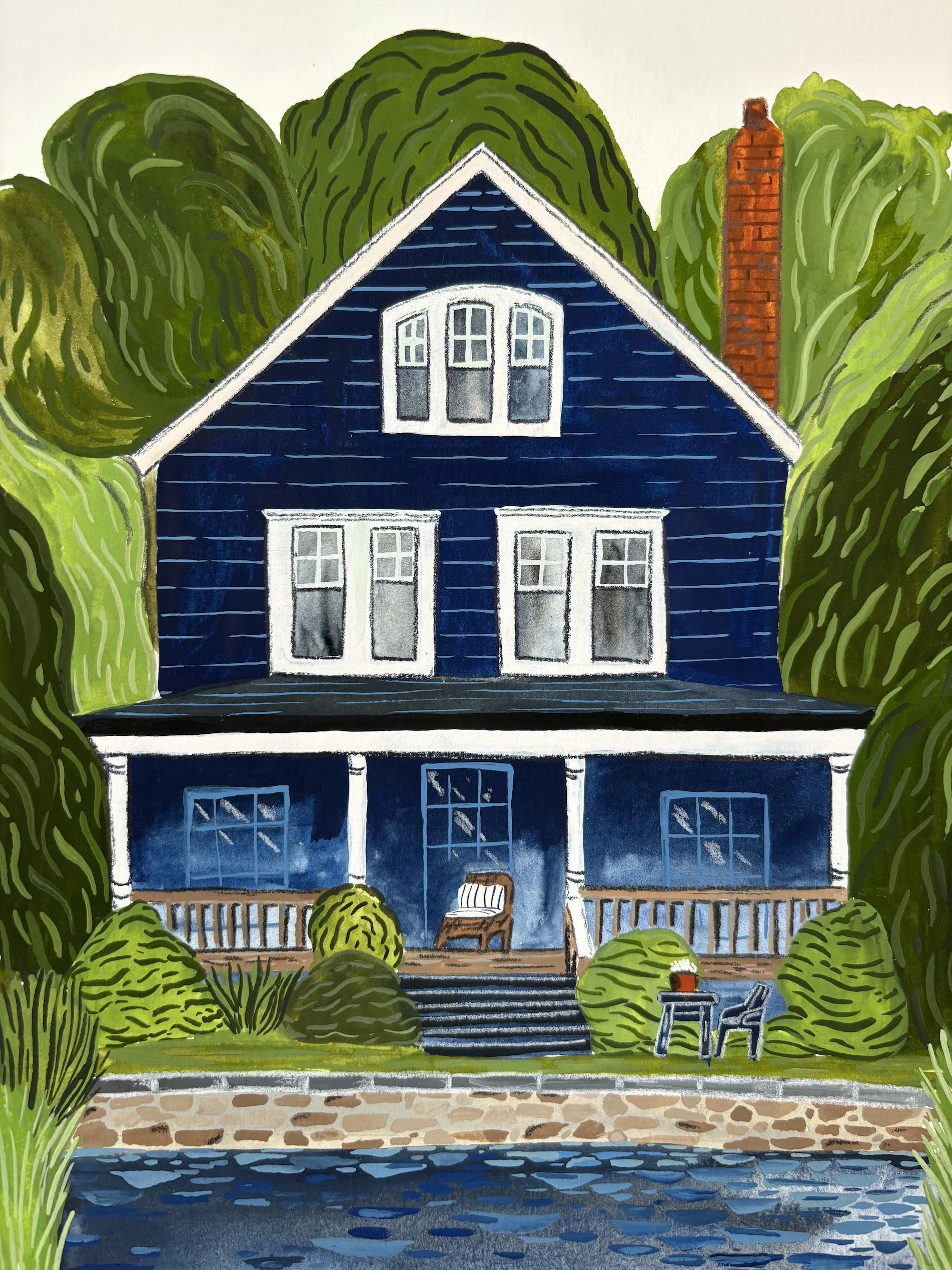 Hand painted artwork of idyllic blue lake house surrounded by trees. Hand painted house portrait.
