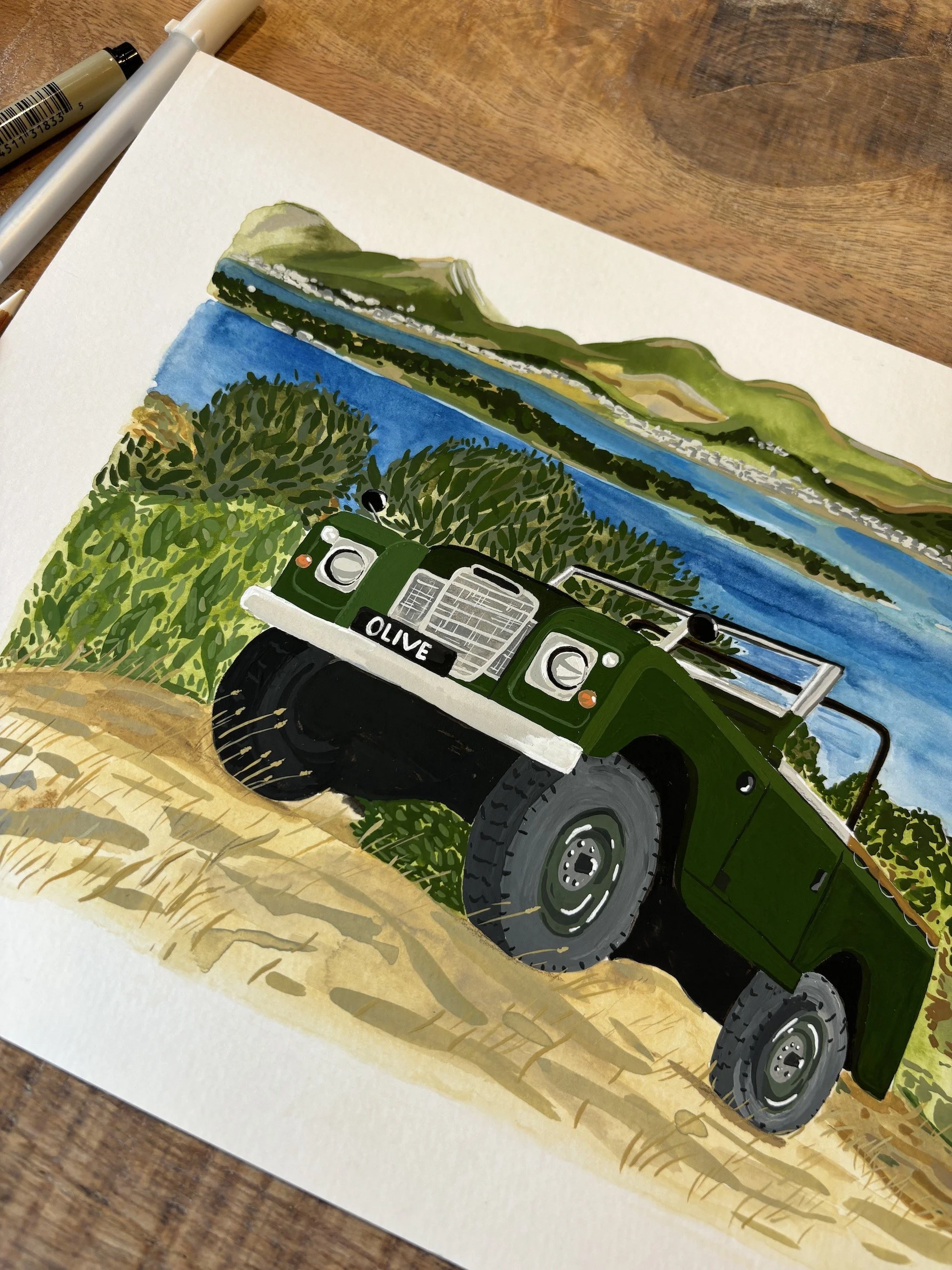 Hand painted vintage Land Rover illustration custom portrait. Custom car portrait parked in a the hills with the sea in the background. Vintage Land Rover artwork.
