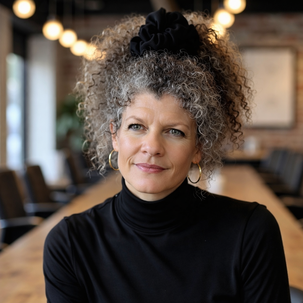 A confident woman with curly gray hair and hoop earrings, wearing a black turtleneck, seated in a modern conference room with warm lighting and wooden furniture.