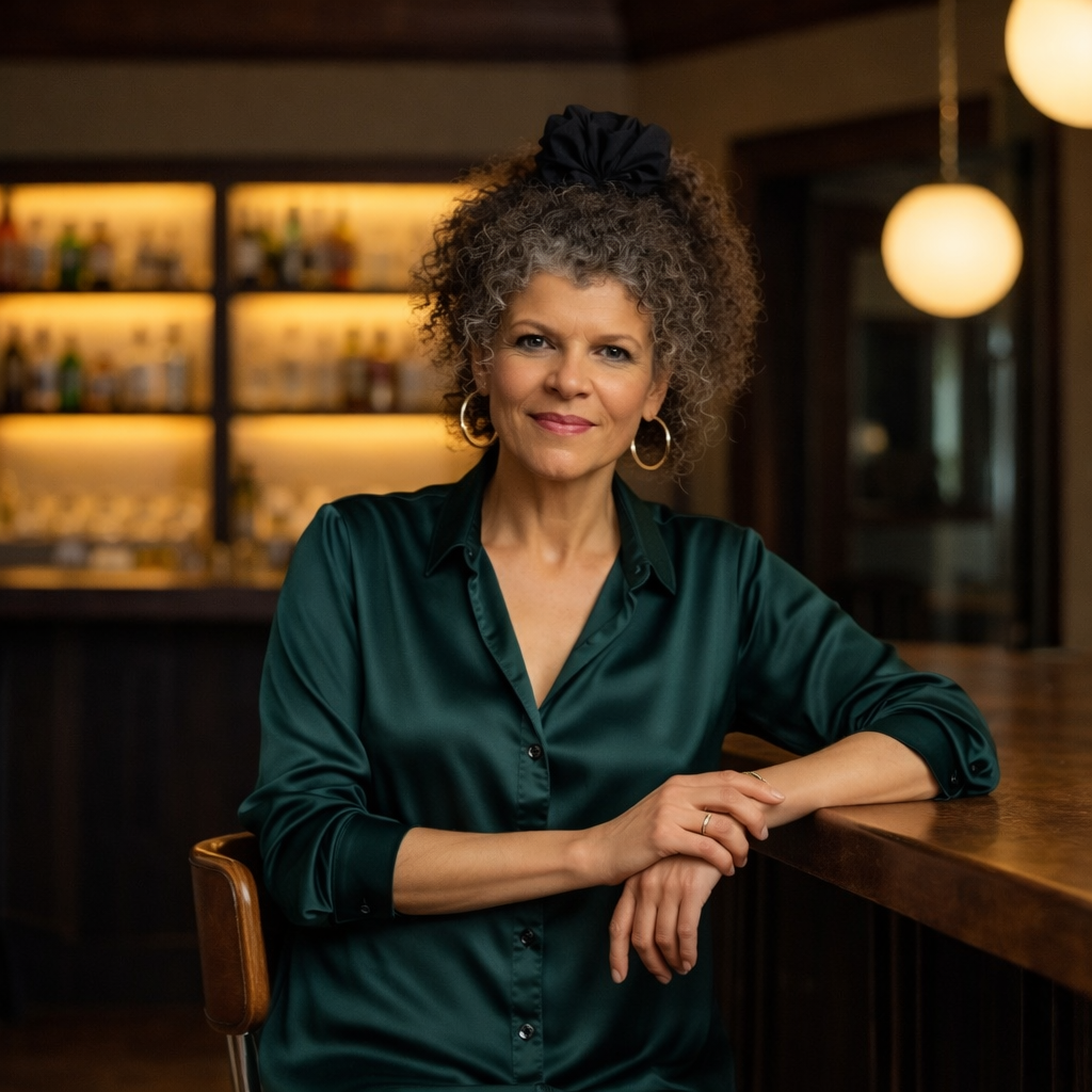 A middle-aged woman with curly gray hair and hoop earrings, wearing a dark green satin blouse, sitting at a bar counter with her arm resting on it, smiling at the camera in a warmly lit bar or restaurant.
