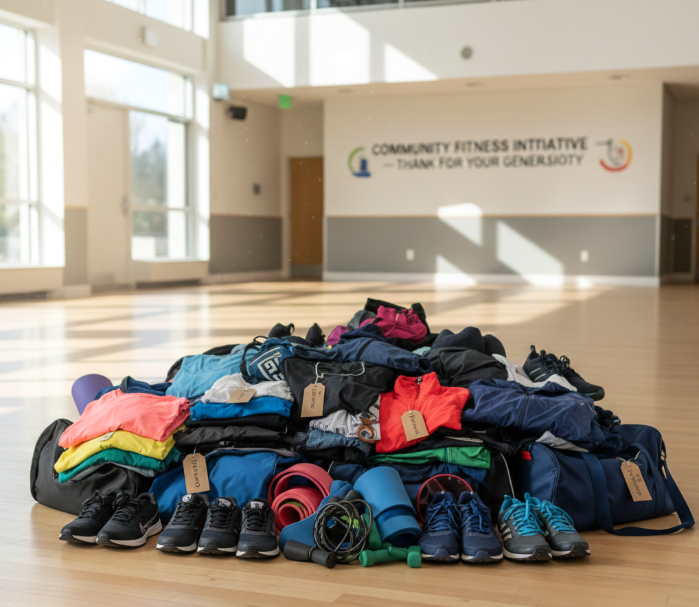 A pile of athletic clothes, shoes, and gear in a gymnasium with large windows and a sign that reads 'Community Fitness Initiative - Thank You for Your Generosity'.