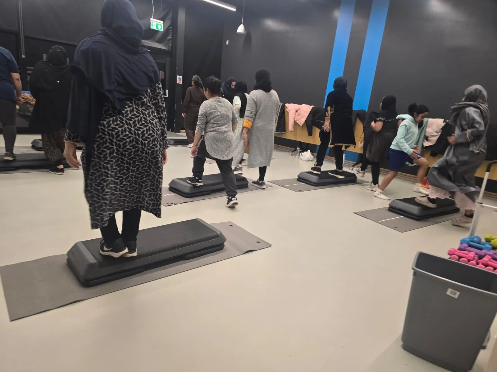 Group of women and children participating in a step aerobics class in a gym. They are using individual step platforms on the floor, and some are mid-step in workout routines.