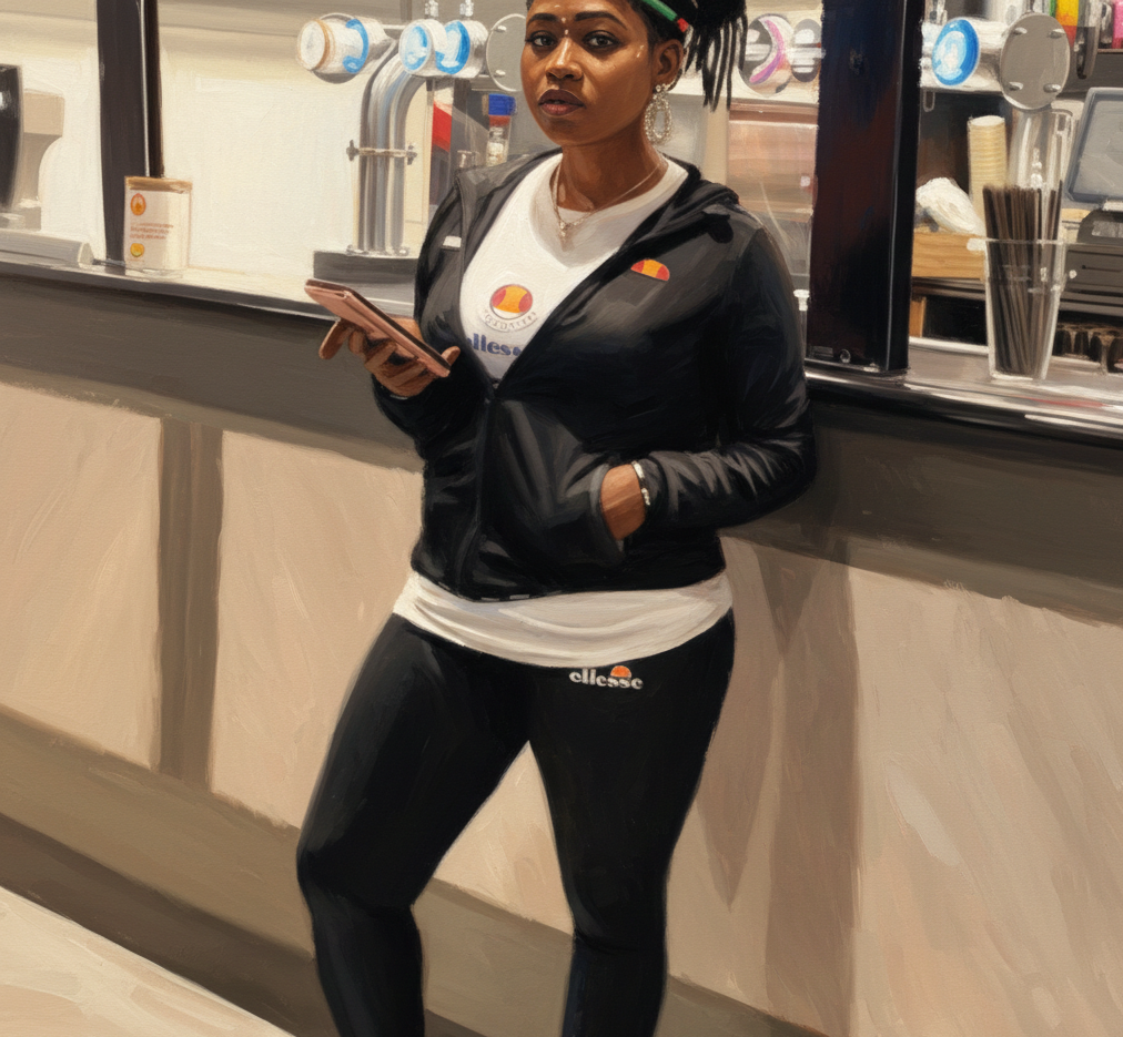 A woman with dark skin, wearing a black jacket, white shirt, and black pants, stands inside a coffee shop holding a smartphone. She has large hoop earrings and is looking at the camera. The background shows a counter with coffee equipment and disposable cups.