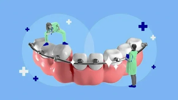 Ilustración de una dentadura con varios dientes y dos personas en diferentes extremos, una más joven y otra más mayor, usando batas médicas. La imagen tiene un fondo azul con símbolos médicos.