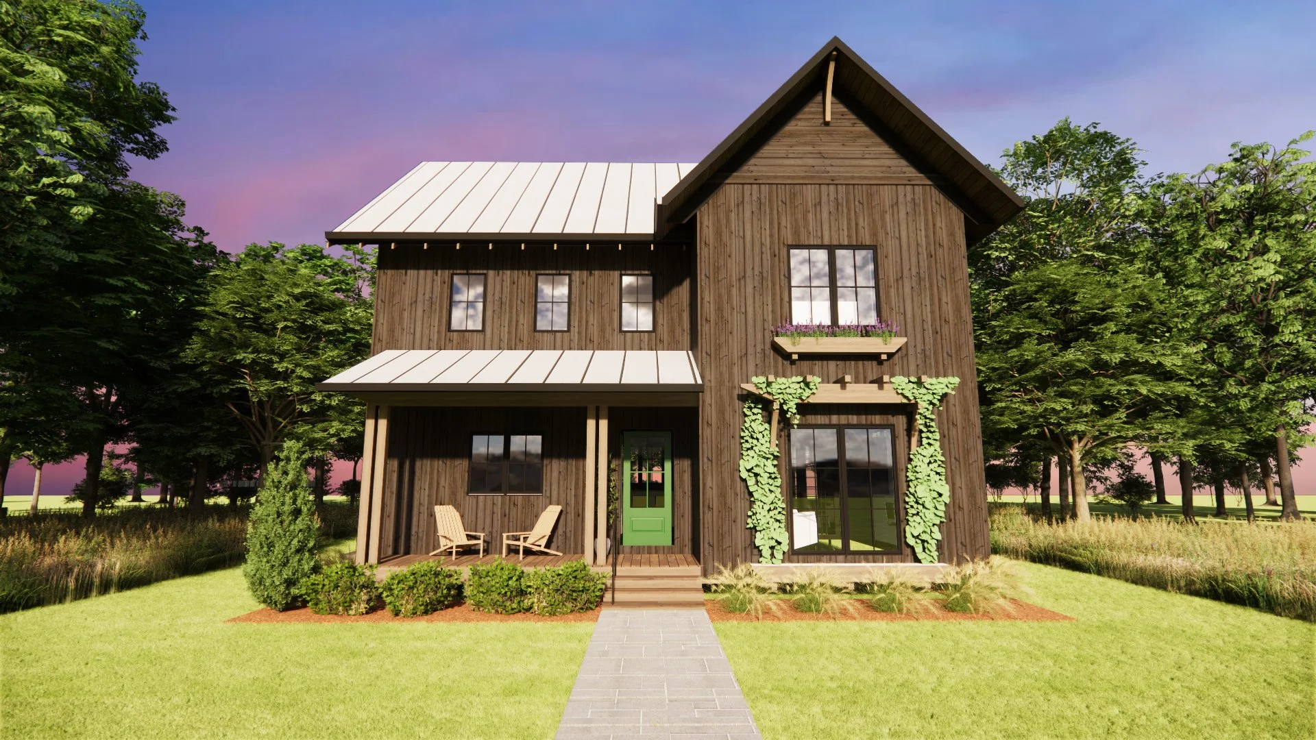 A two-story wooden house with a metal roof, front porch with two chairs, and a small garden with green plants and climbing vines, surrounded by trees and a grassy lawn under a colorful sky.