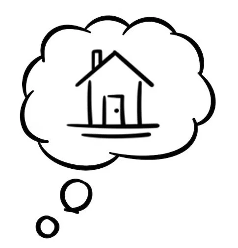A simple black and white drawing of a house inside a thought bubble.