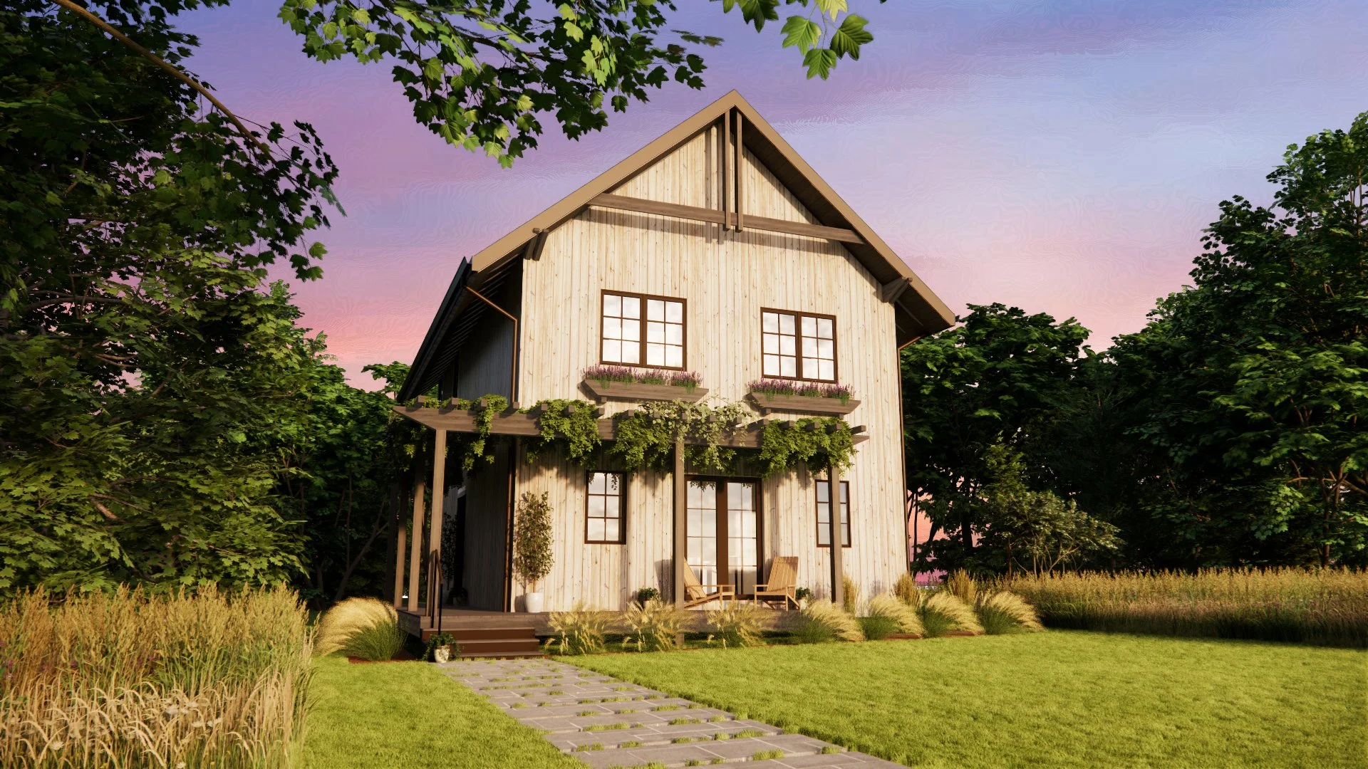 A two-story wooden house surrounded by trees and tall grass, with a stone pathway leading to the entrance and purple flowers on window boxes, under a colorful sunset sky.
