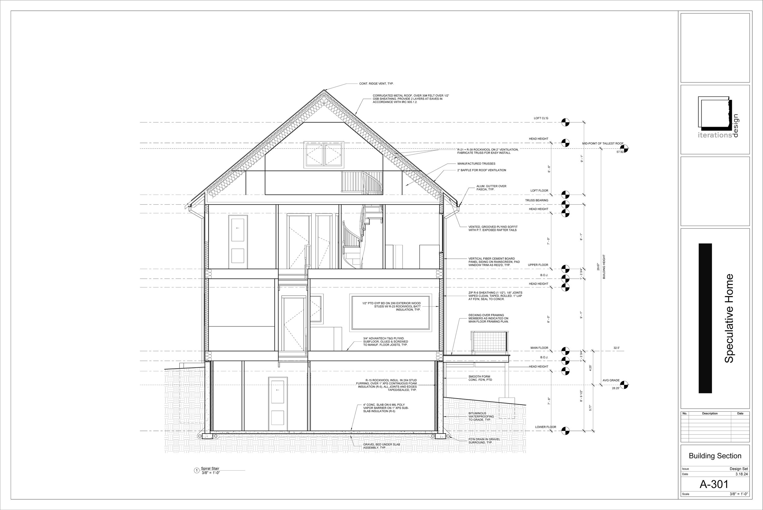 Architectural drawing of a multi-story house showing interior walls, floors, staircases, and roof details with measurements and construction notes.